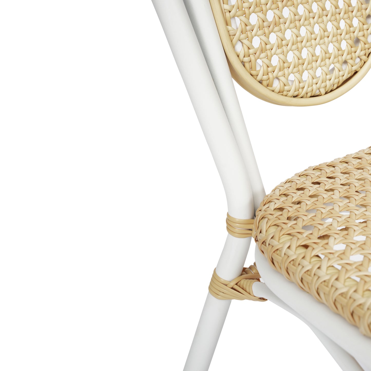 Cannes Indoor/Outdoor Commercial Thonet Bistro Stacking Chair, Natural PE Cane Rattan and White Aluminum Frame Natural/White Frame