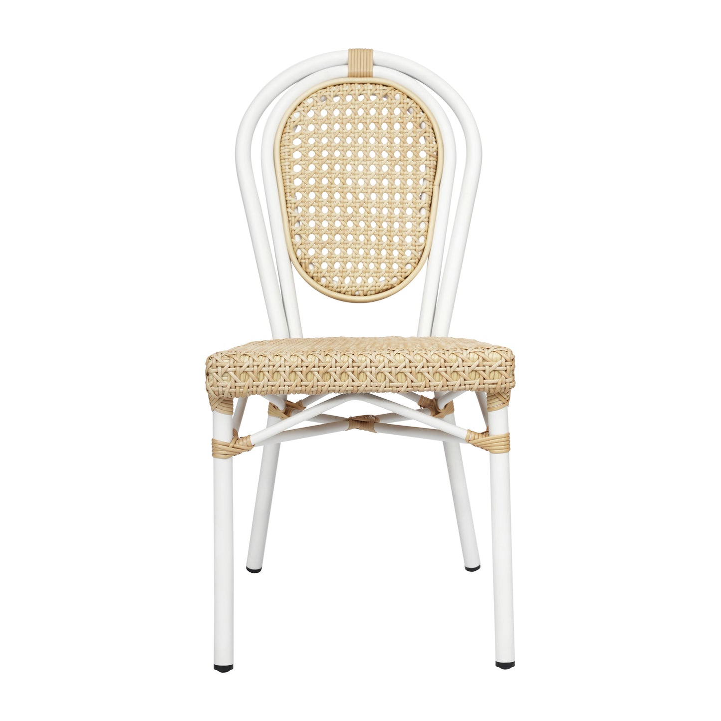 Cannes Indoor/Outdoor Commercial Thonet Bistro Stacking Chair, Natural PE Cane Rattan and White Aluminum Frame Natural/White Frame