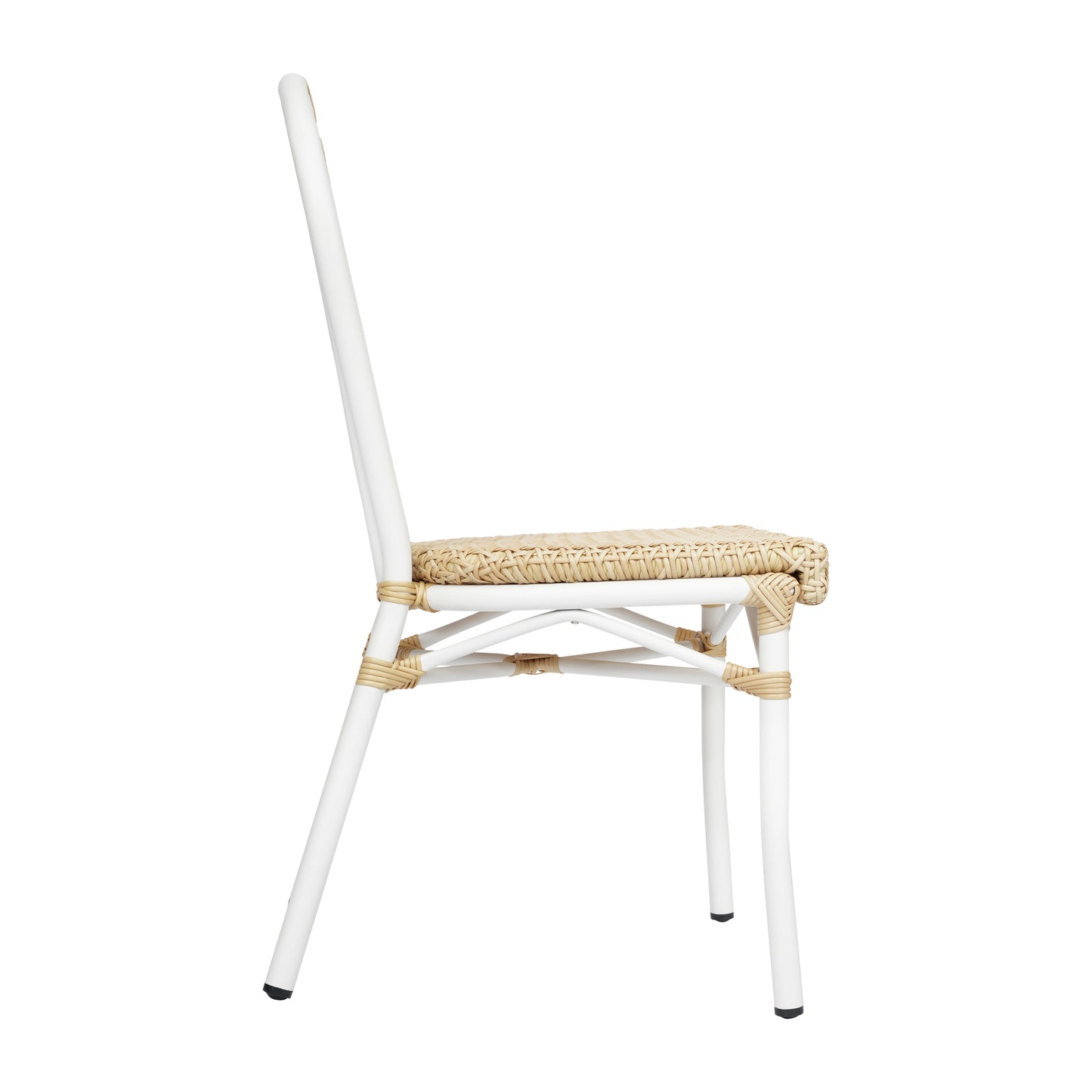 Cannes Indoor/Outdoor Commercial Thonet Bistro Stacking Chair, Natural PE Cane Rattan and White Aluminum Frame Natural/White Frame