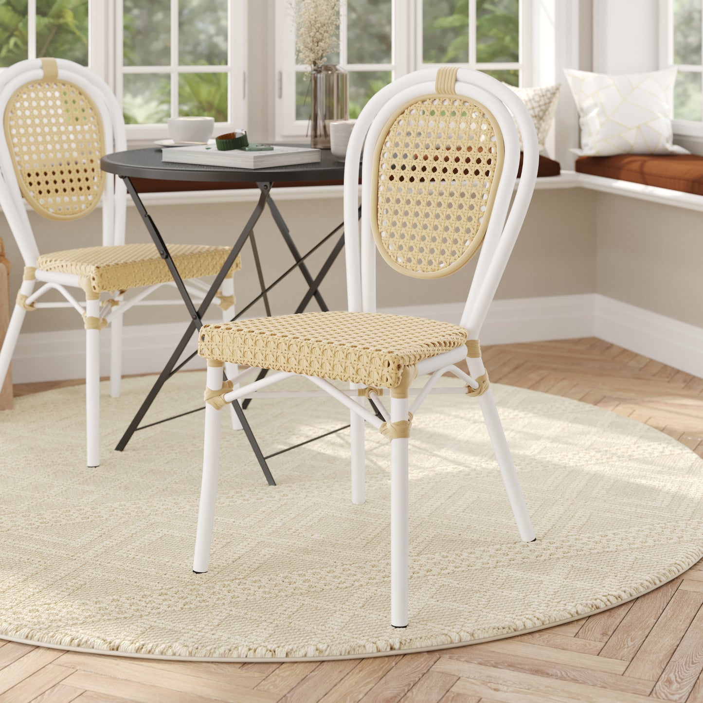 Cannes Indoor/Outdoor Commercial Thonet Bistro Stacking Chair, Natural PE Cane Rattan and White Aluminum Frame Natural/White Frame