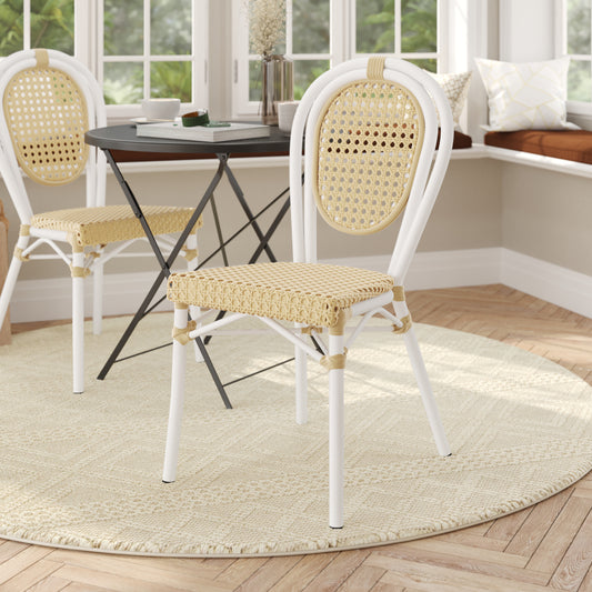 Cannes Indoor/Outdoor Commercial Thonet Bistro Stacking Chair, Natural PE Cane Rattan and White Aluminum Frame Natural/White Frame