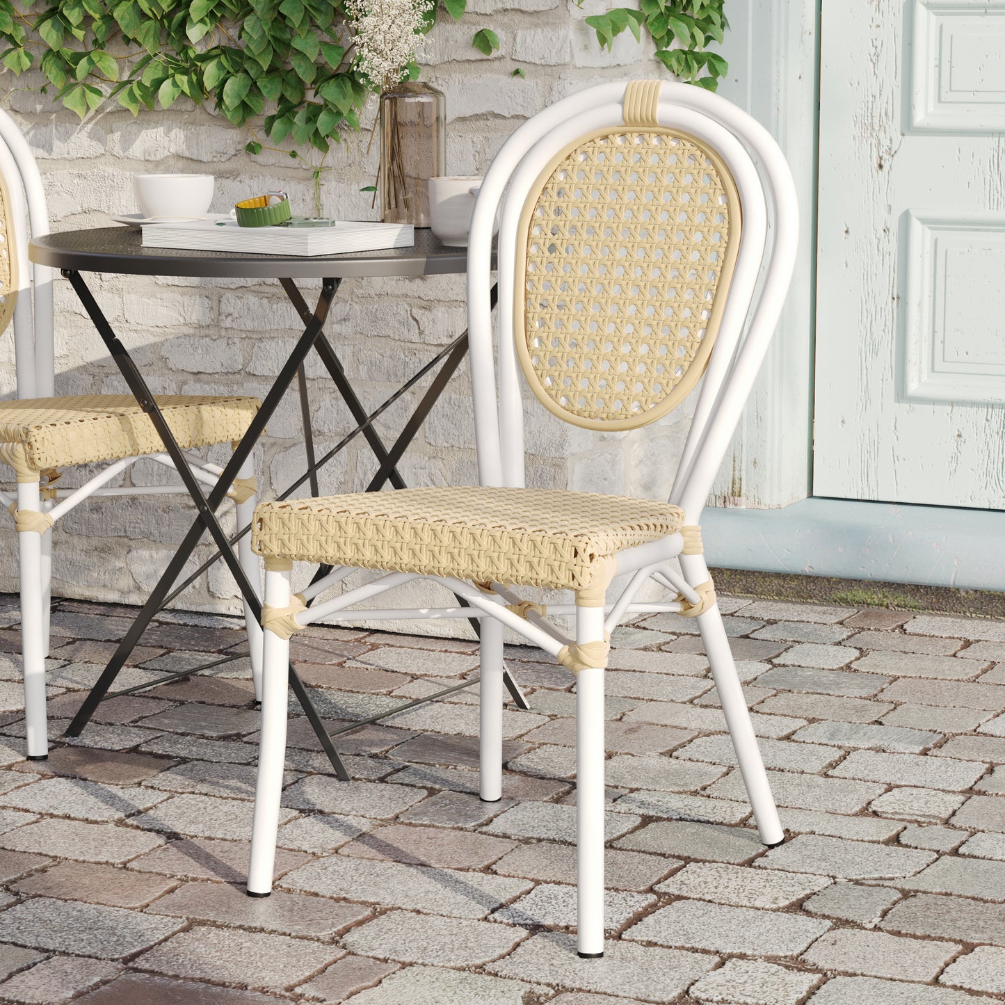 Cannes Indoor/Outdoor Commercial Thonet Bistro Stacking Chair, Natural PE Cane Rattan and White Aluminum Frame Natural/White Frame