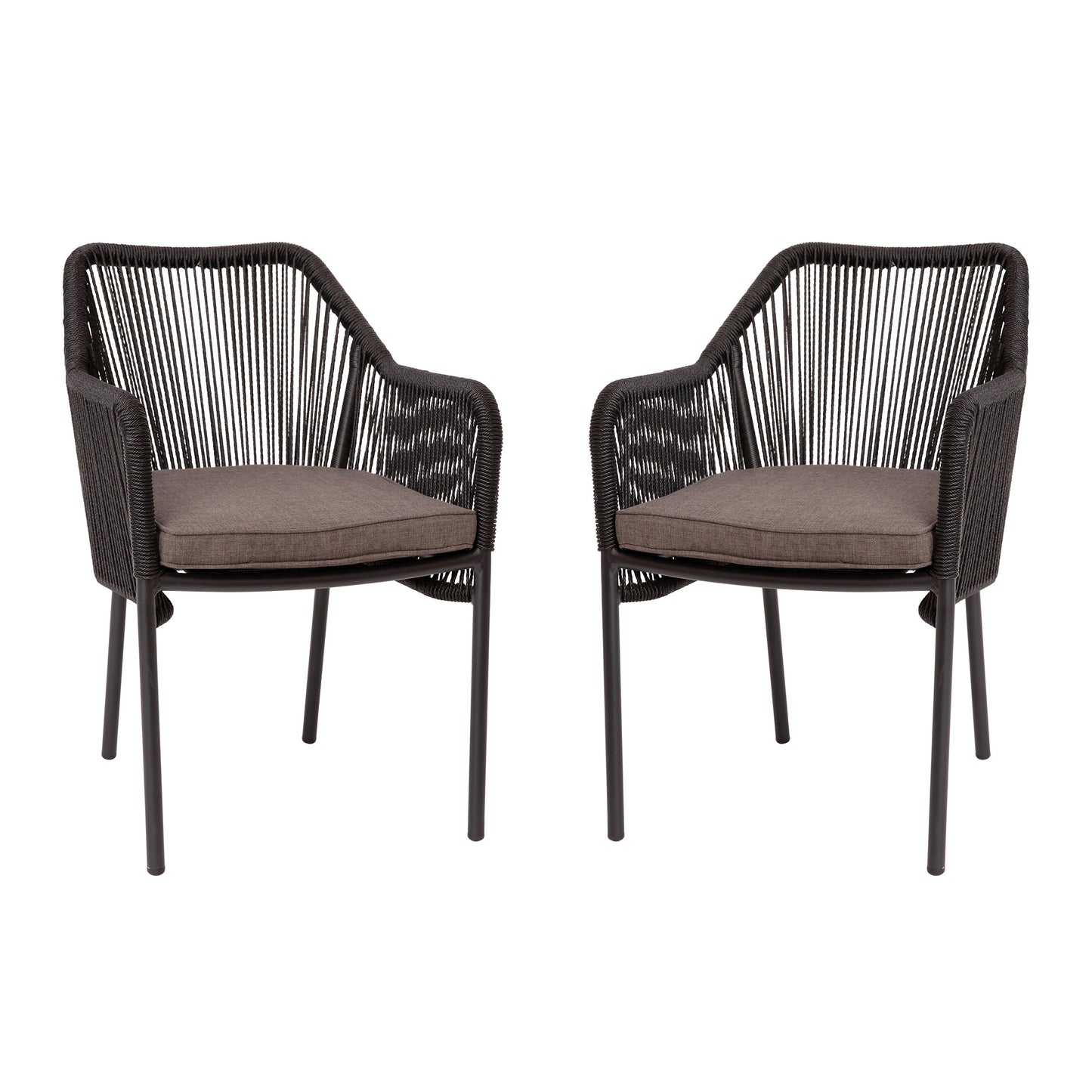 Kallie Set of 2 All-Weather Black Woven Stacking Club Chairs with Rounded Arms & Gray Zippered Seat Cushions Gray Cushion/Black Frame