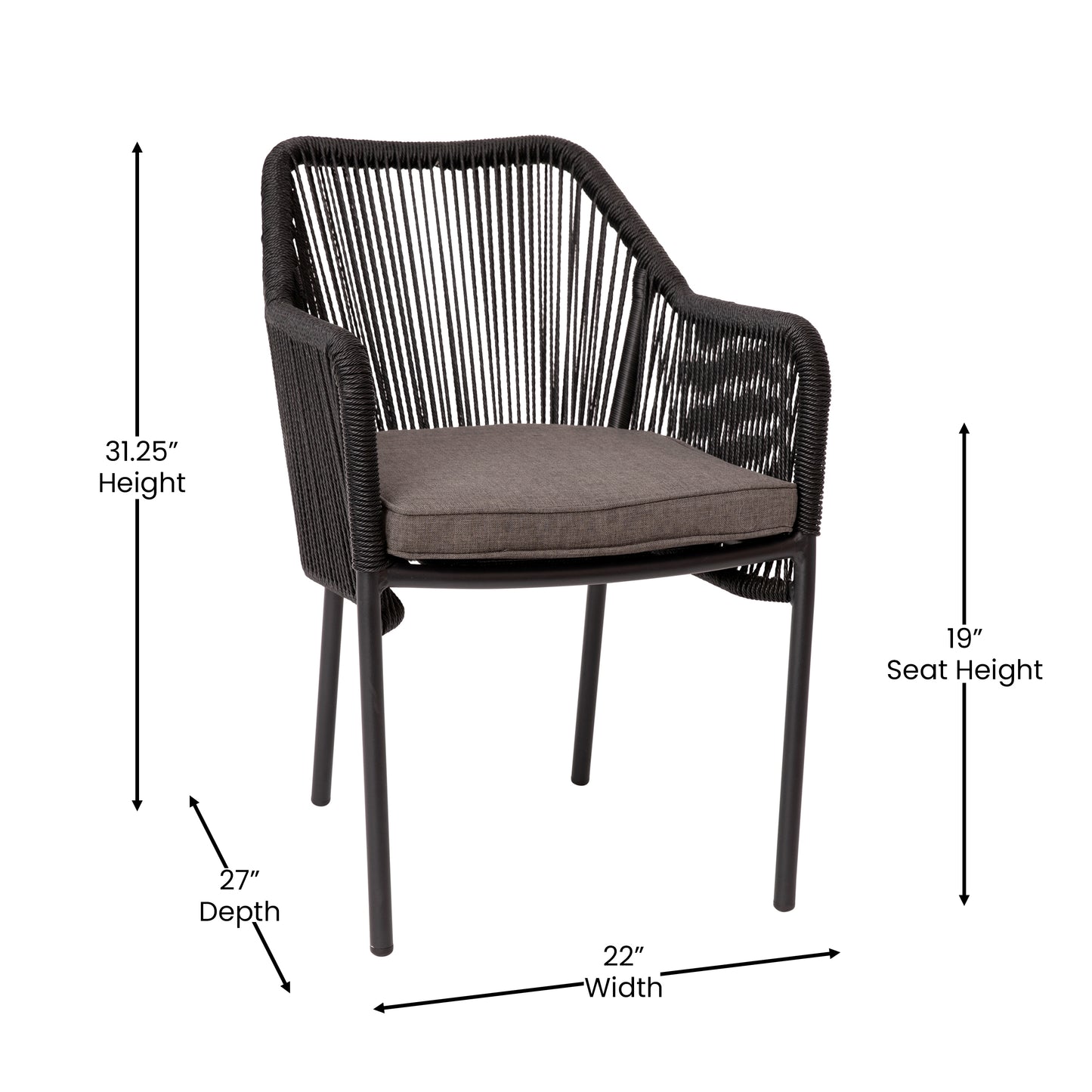 Kallie Set of 2 All-Weather Black Woven Stacking Club Chairs with Rounded Arms & Gray Zippered Seat Cushions Gray Cushion/Black Frame