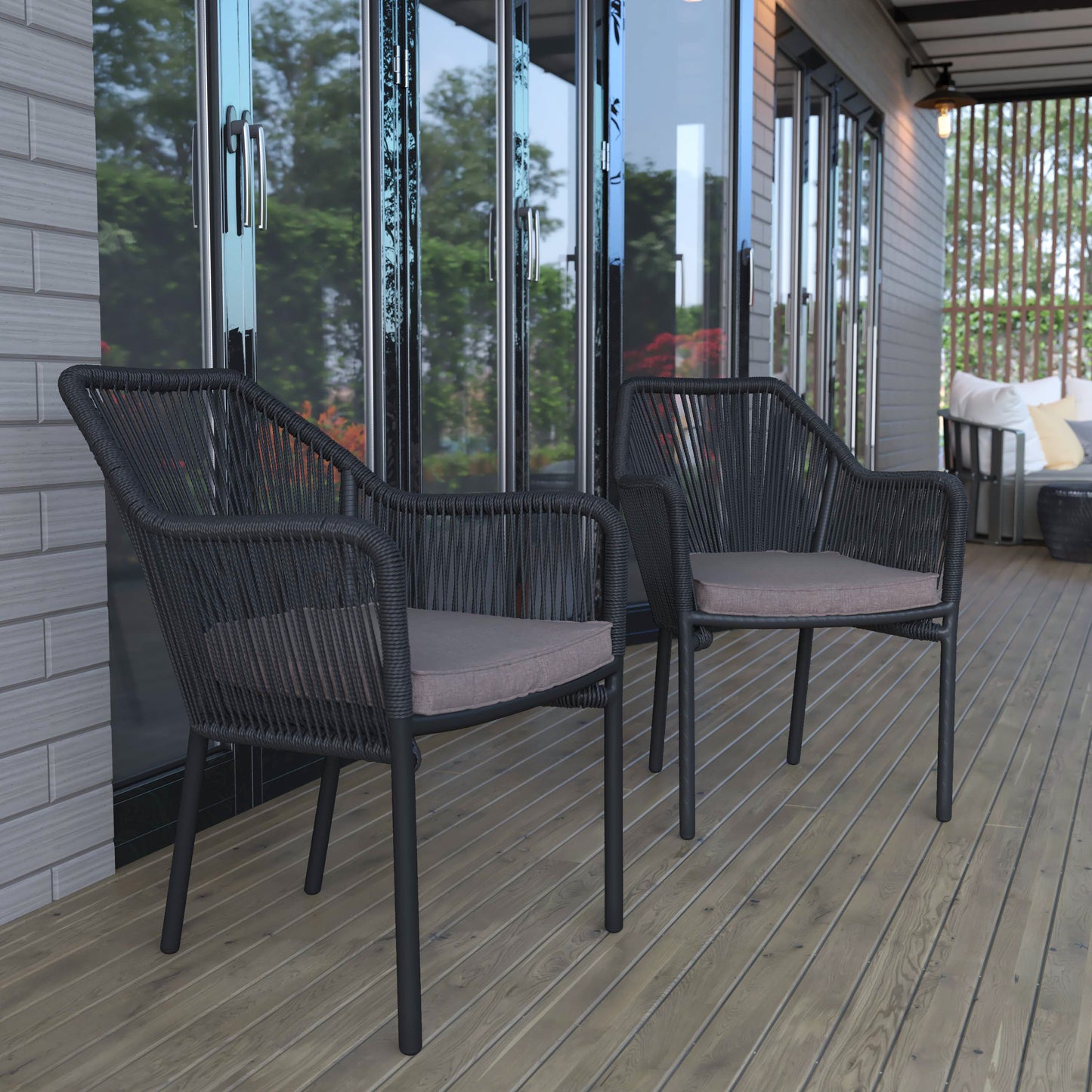 Kallie Set of 2 All-Weather Black Woven Stacking Club Chairs with Rounded Arms & Gray Zippered Seat Cushions Gray Cushion/Black Frame
