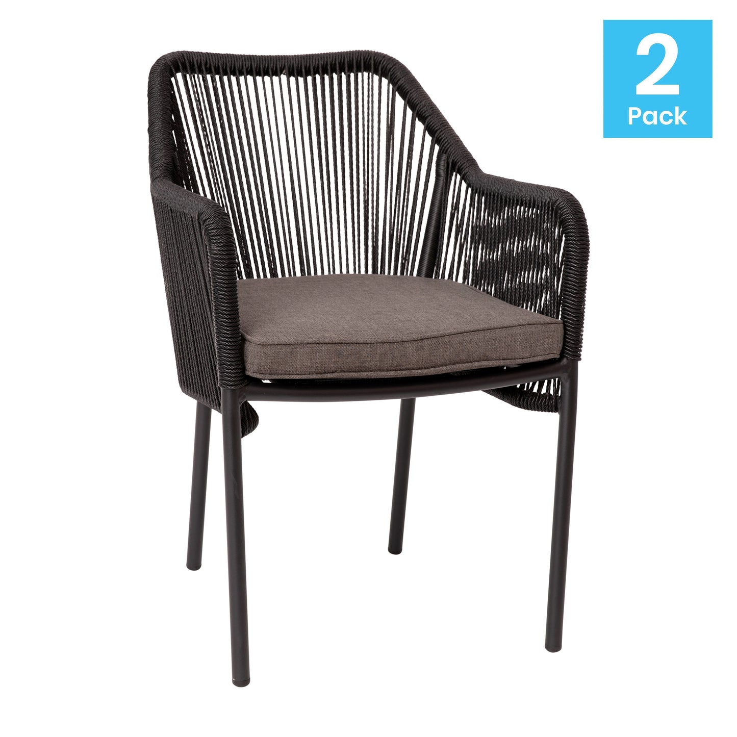 Kallie Set of 2 All-Weather Black Woven Stacking Club Chairs with Rounded Arms & Gray Zippered Seat Cushions Gray Cushion/Black Frame