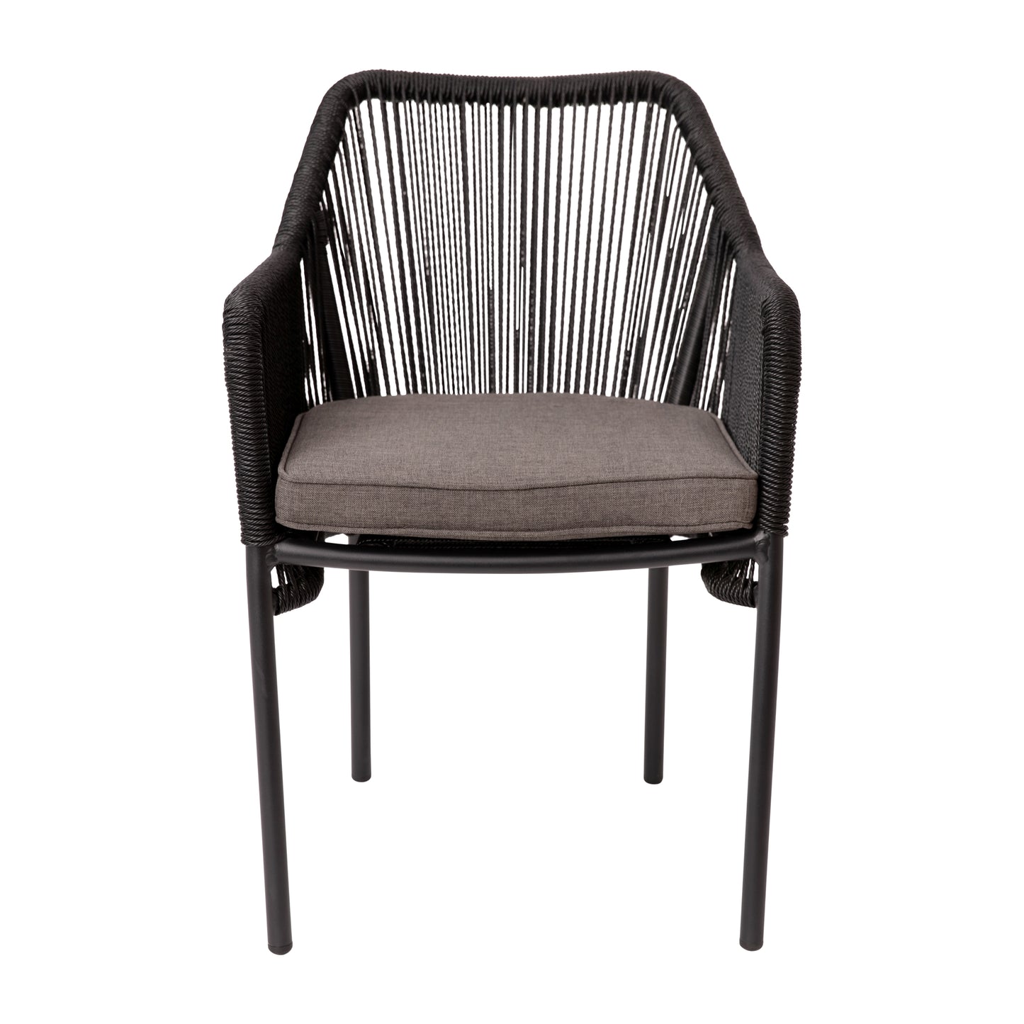 Kallie Set of 2 All-Weather Black Woven Stacking Club Chairs with Rounded Arms & Gray Zippered Seat Cushions Gray Cushion/Black Frame