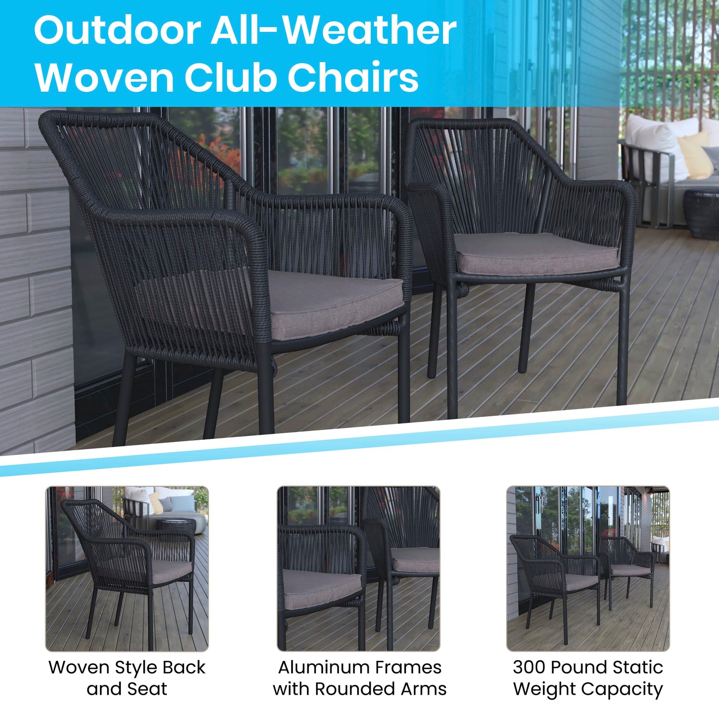 Kallie Set of 2 All-Weather Black Woven Stacking Club Chairs with Rounded Arms & Gray Zippered Seat Cushions Gray Cushion/Black Frame