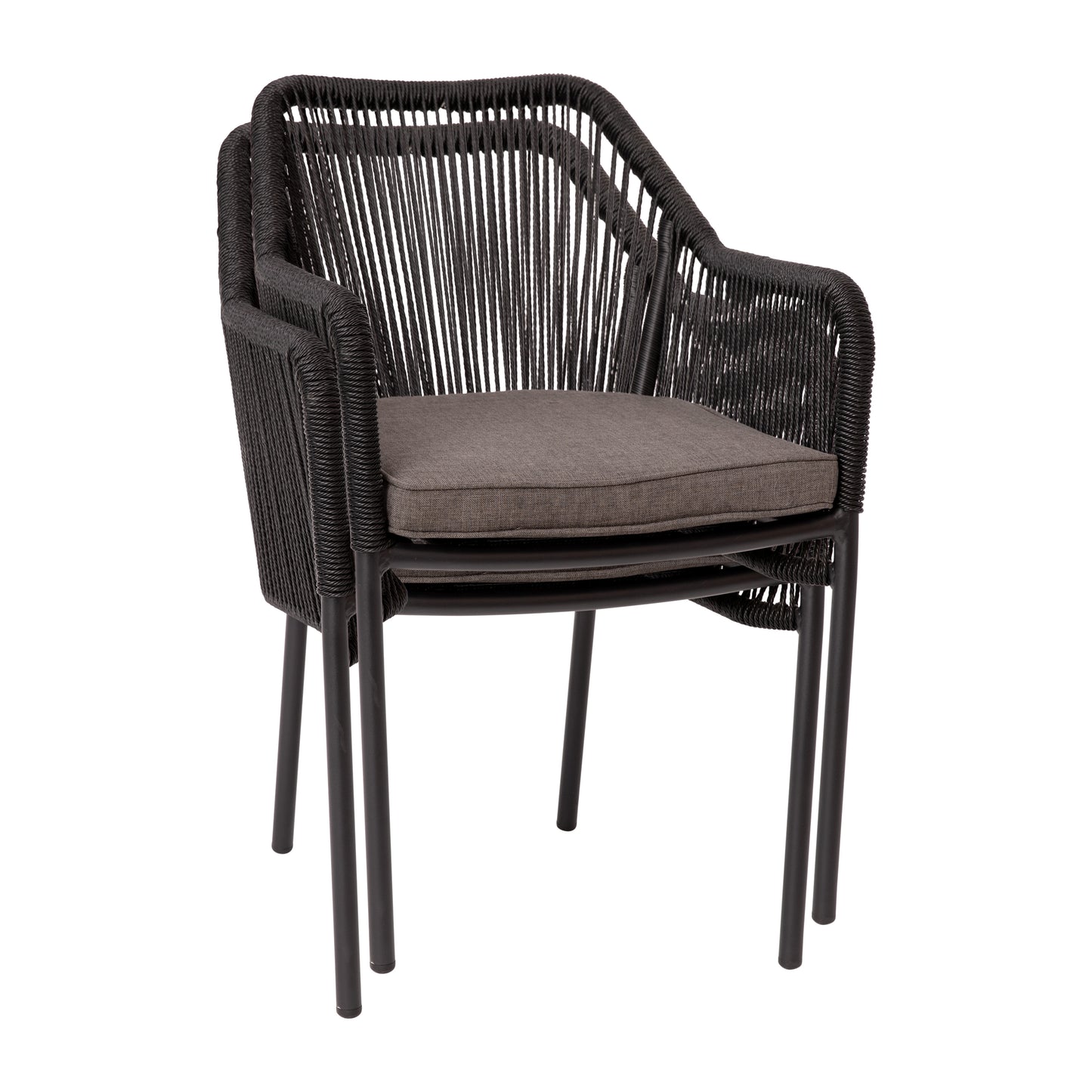 Kallie Set of 2 All-Weather Black Woven Stacking Club Chairs with Rounded Arms & Gray Zippered Seat Cushions Gray Cushion/Black Frame