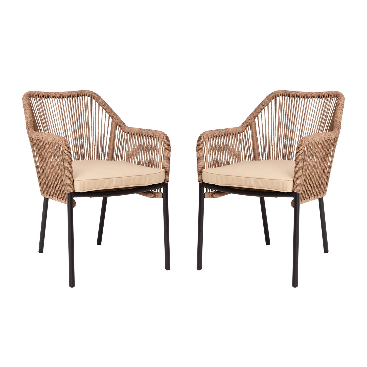Kallie Set of 2 All-Weather Natural Woven Stacking Club Chairs with Rounded Arms & Ivory Zippered Seat Cushions Ivory Cushion/Natural Frame