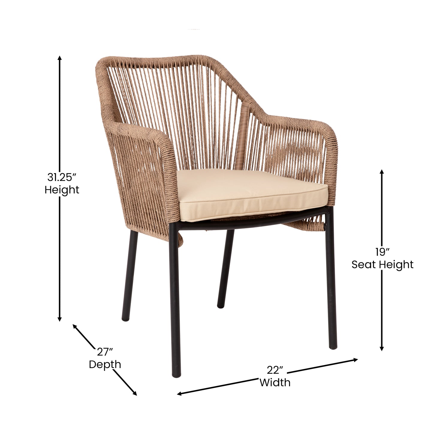 Kallie Set of 2 All-Weather Natural Woven Stacking Club Chairs with Rounded Arms & Ivory Zippered Seat Cushions Ivory Cushion/Natural Frame
