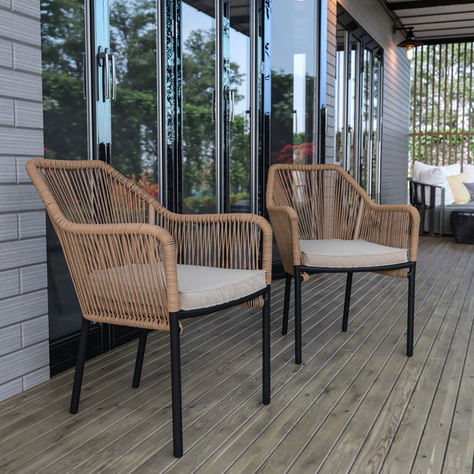 Kallie Set of 2 All-Weather Natural Woven Stacking Club Chairs with Rounded Arms & Ivory Zippered Seat Cushions Ivory Cushion/Natural Frame