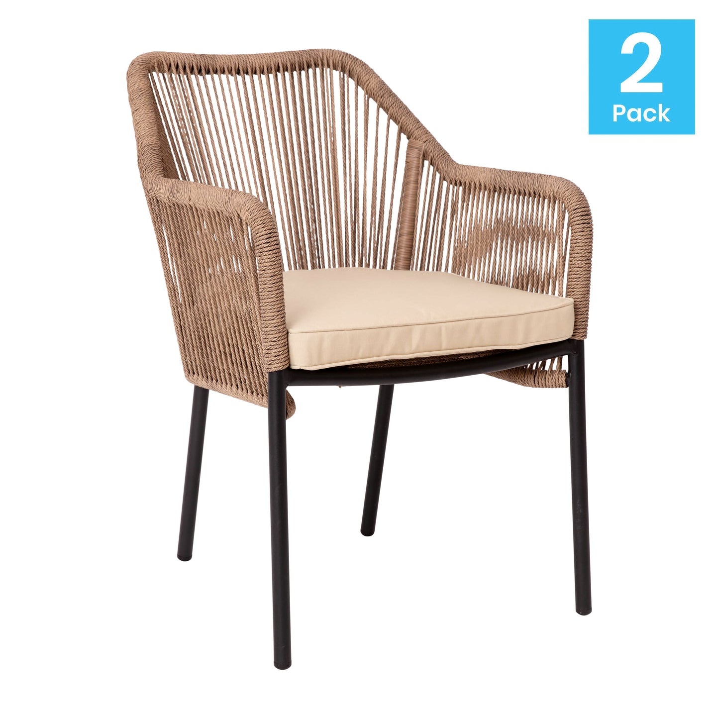 Kallie Set of 2 All-Weather Natural Woven Stacking Club Chairs with Rounded Arms & Ivory Zippered Seat Cushions Ivory Cushion/Natural Frame