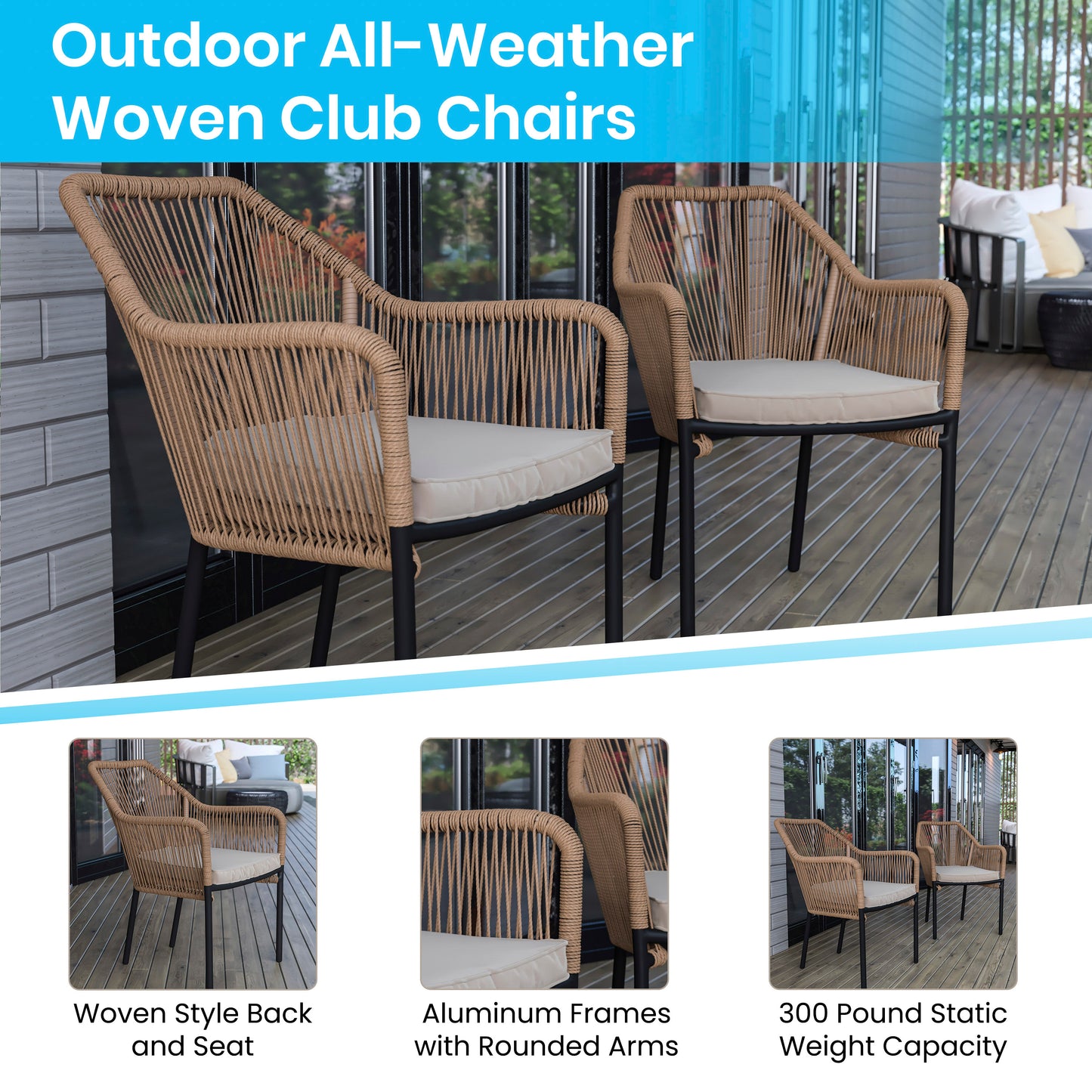 Kallie Set of 2 All-Weather Natural Woven Stacking Club Chairs with Rounded Arms & Ivory Zippered Seat Cushions Ivory Cushion/Natural Frame