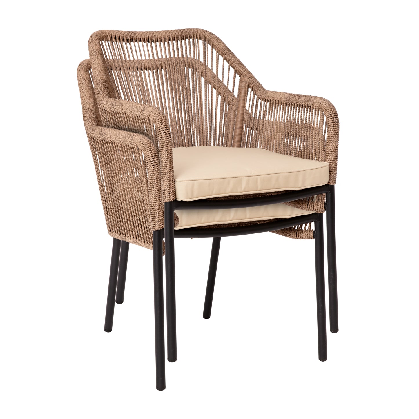 Kallie Set of 2 All-Weather Natural Woven Stacking Club Chairs with Rounded Arms & Ivory Zippered Seat Cushions Ivory Cushion/Natural Frame