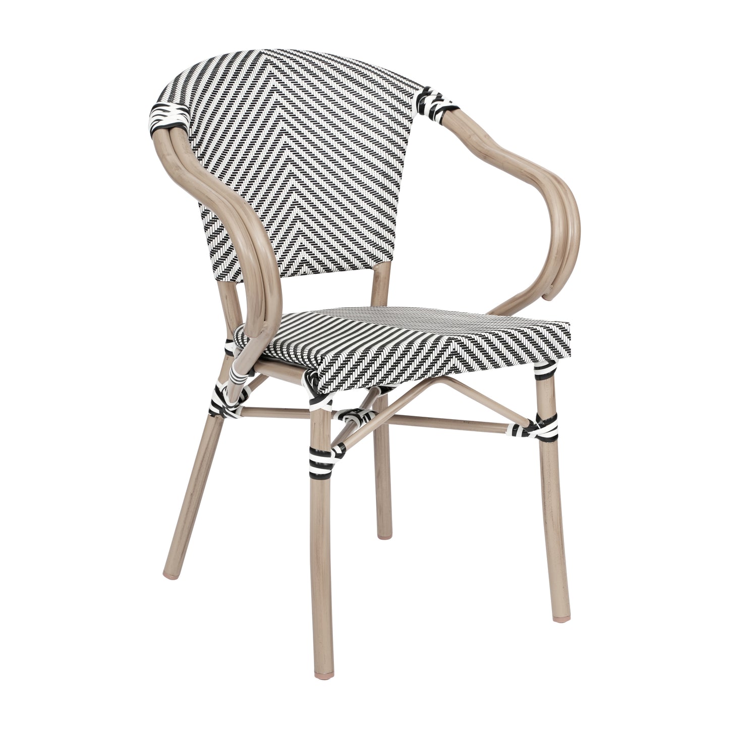 Marseille Indoor/Outdoor Commercial Bistro Stacking Chair with Arms, Black/White Textilene and Bamboo Print Aluminum Frame in LT Natural Black & White/Light Natural Frame