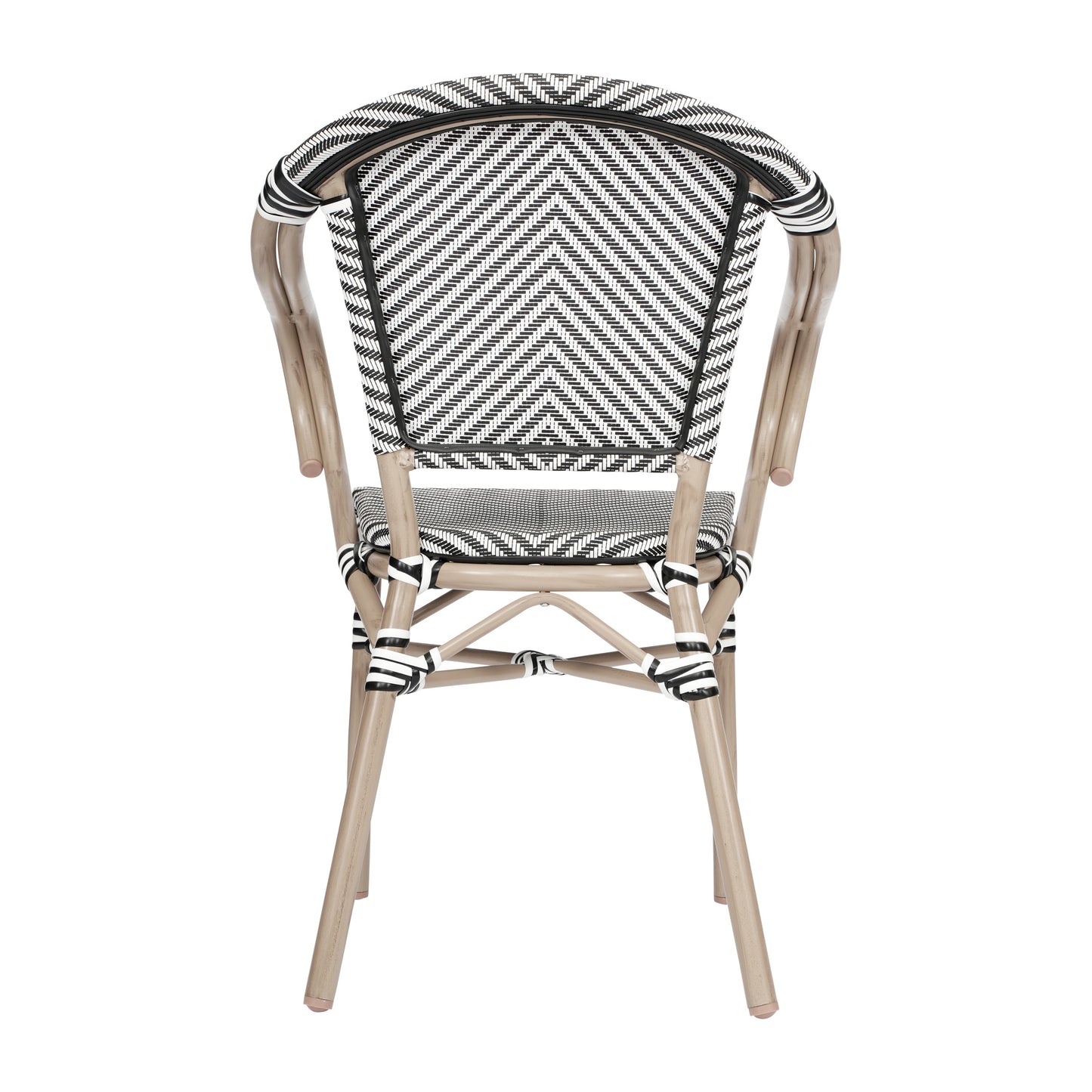 Marseille Indoor/Outdoor Commercial Bistro Stacking Chair with Arms, Black/White Textilene and Bamboo Print Aluminum Frame in LT Natural Black & White/Light Natural Frame