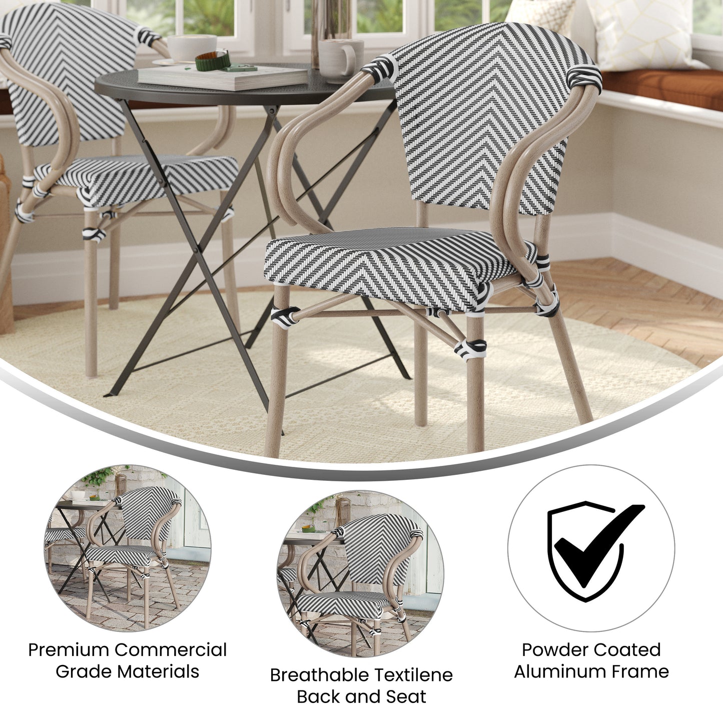 Marseille Indoor/Outdoor Commercial Bistro Stacking Chair with Arms, Black/White Textilene and Bamboo Print Aluminum Frame in LT Natural Black & White/Light Natural Frame