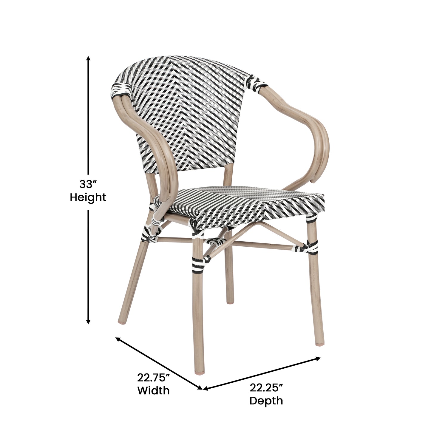 Marseille Indoor/Outdoor Commercial Bistro Stacking Chair with Arms, Black/White Textilene and Bamboo Print Aluminum Frame in LT Natural Black & White/Light Natural Frame