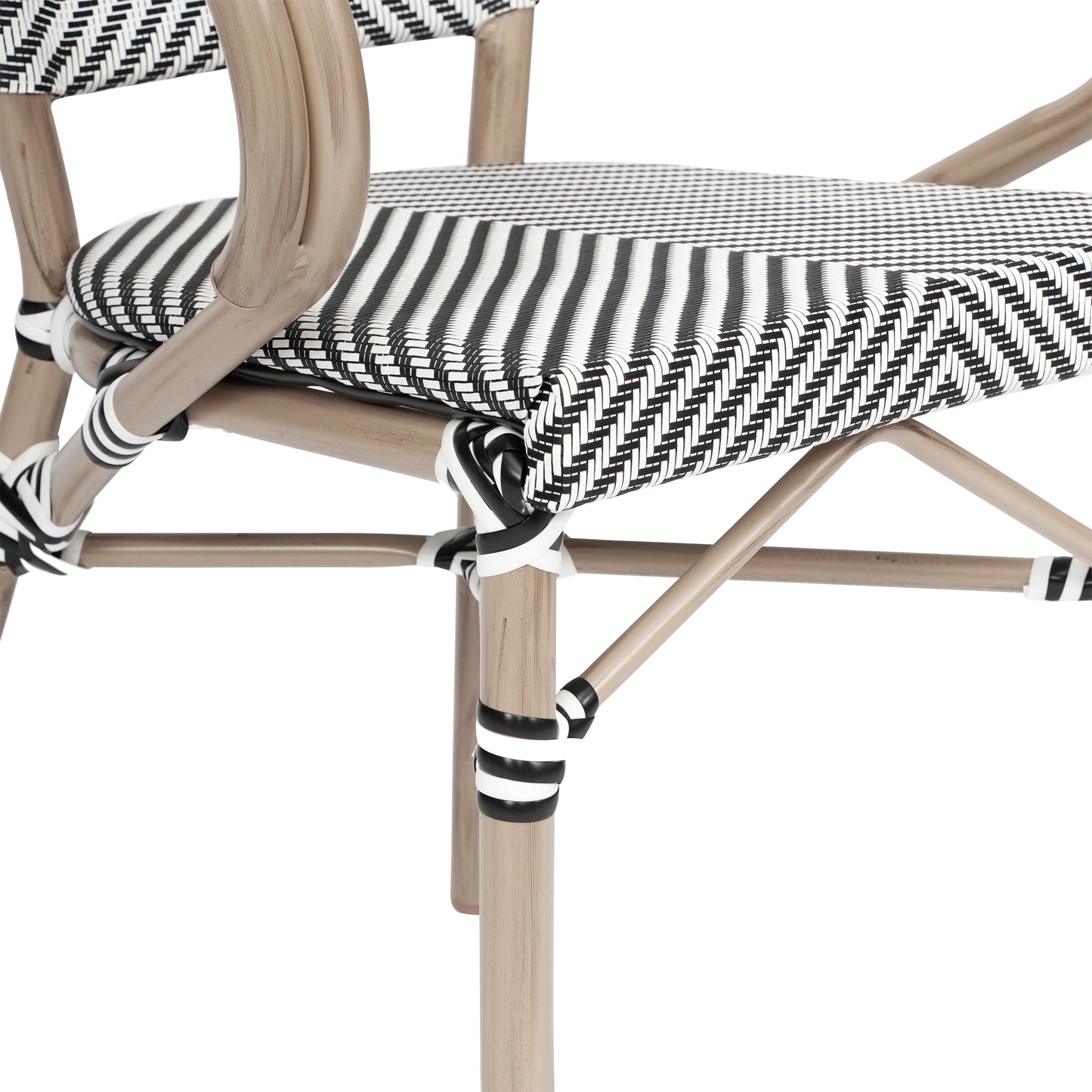 Marseille Indoor/Outdoor Commercial Bistro Stacking Chair with Arms, Black/White Textilene and Bamboo Print Aluminum Frame in LT Natural Black & White/Light Natural Frame