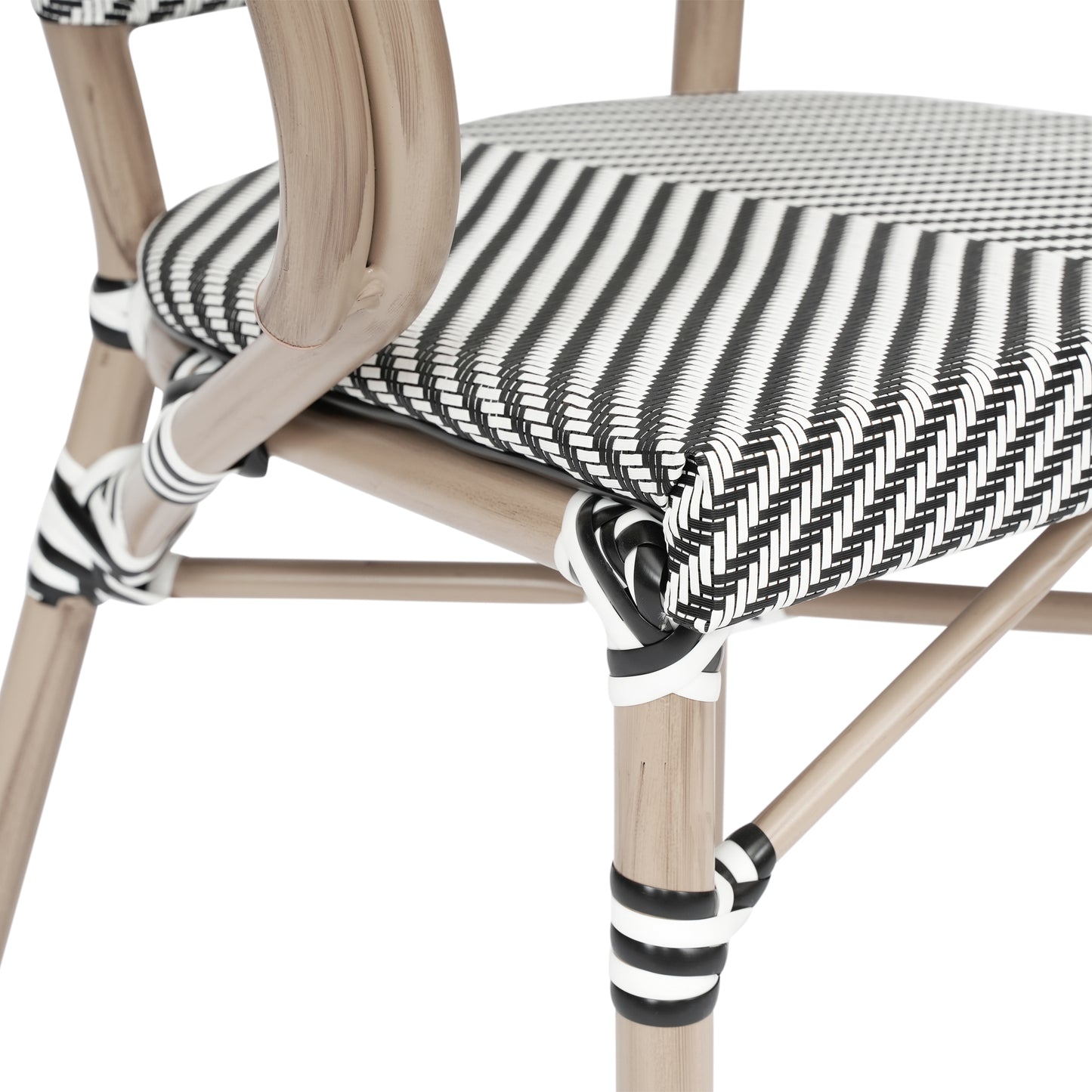 Marseille Indoor/Outdoor Commercial Bistro Stacking Chair with Arms, Black/White Textilene and Bamboo Print Aluminum Frame in LT Natural Black & White/Light Natural Frame