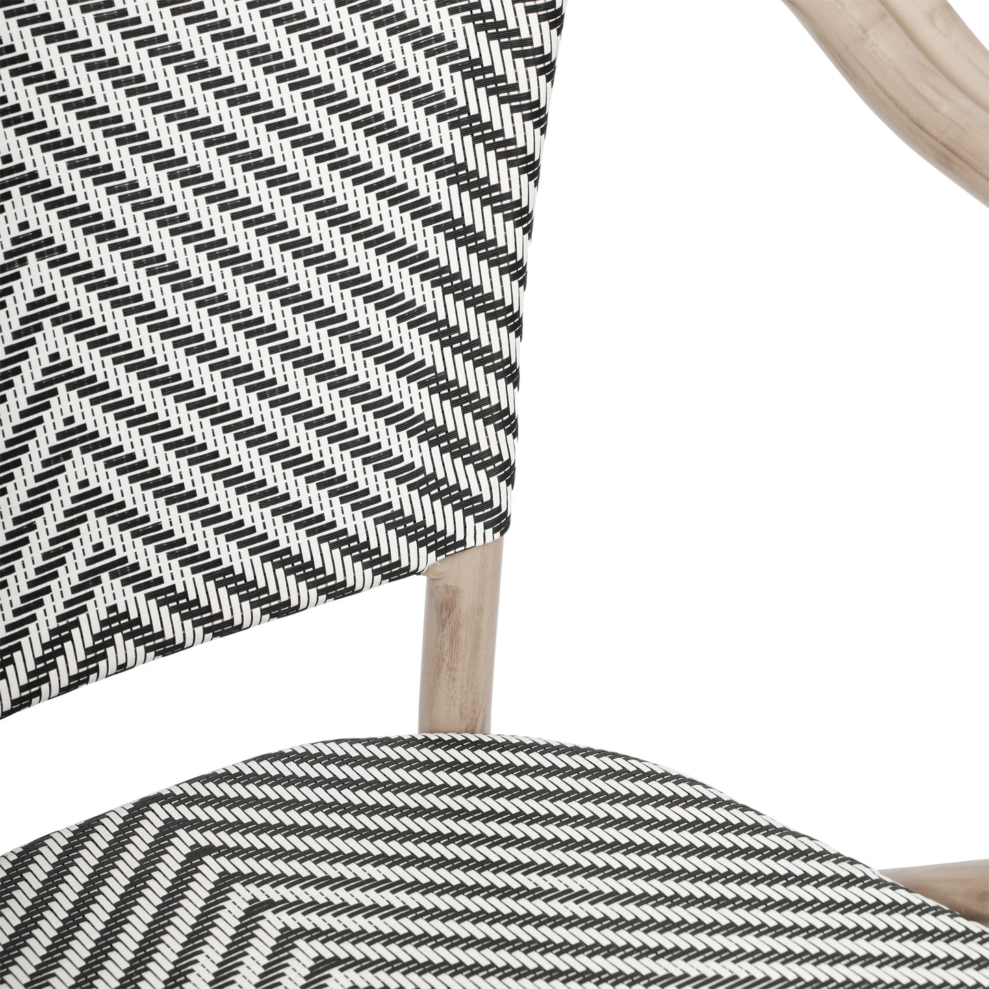 Marseille Indoor/Outdoor Commercial Bistro Stacking Chair with Arms, Black/White Textilene and Bamboo Print Aluminum Frame in LT Natural Black & White/Light Natural Frame