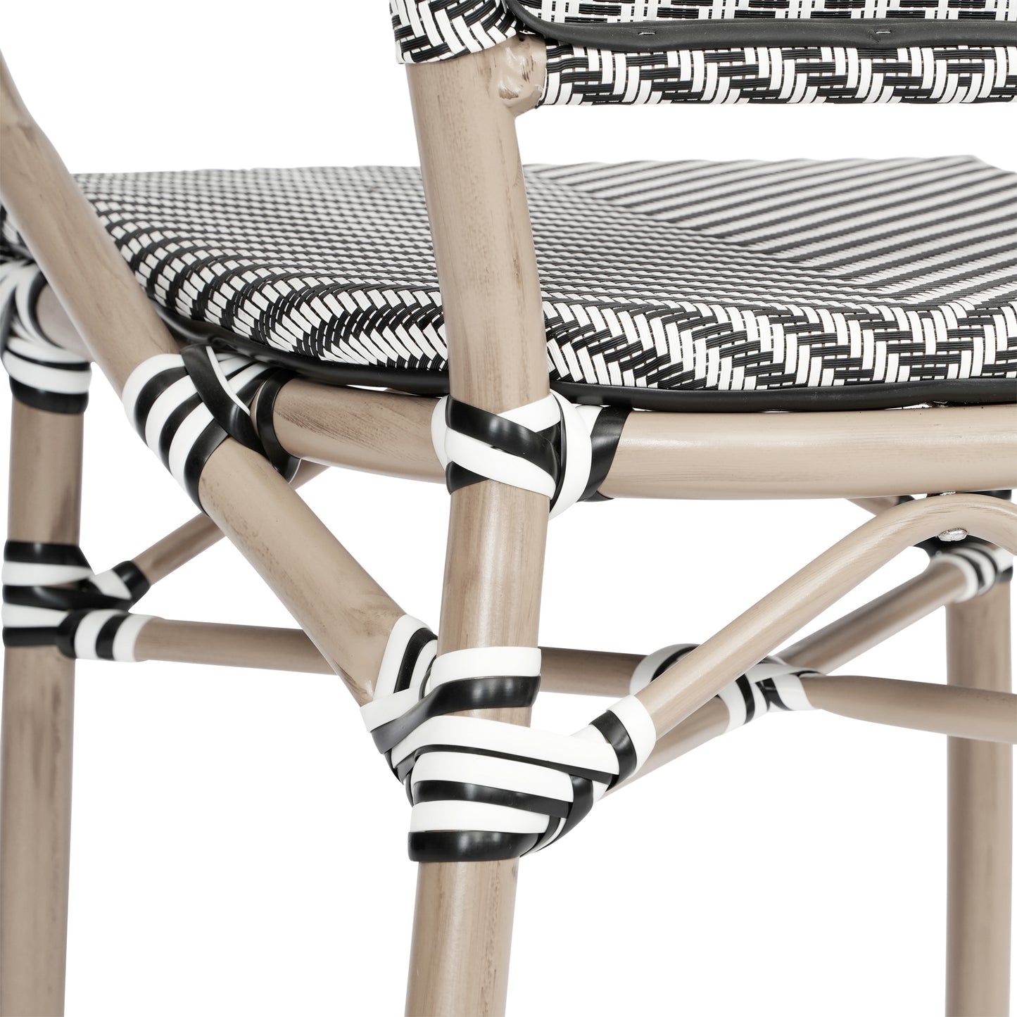 Marseille Indoor/Outdoor Commercial Bistro Stacking Chair with Arms, Black/White Textilene and Bamboo Print Aluminum Frame in LT Natural Black & White/Light Natural Frame