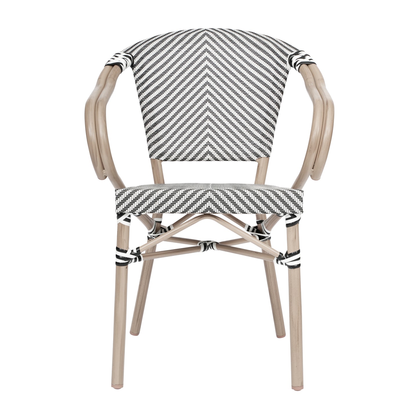 Marseille Indoor/Outdoor Commercial Bistro Stacking Chair with Arms, Black/White Textilene and Bamboo Print Aluminum Frame in LT Natural Black & White/Light Natural Frame