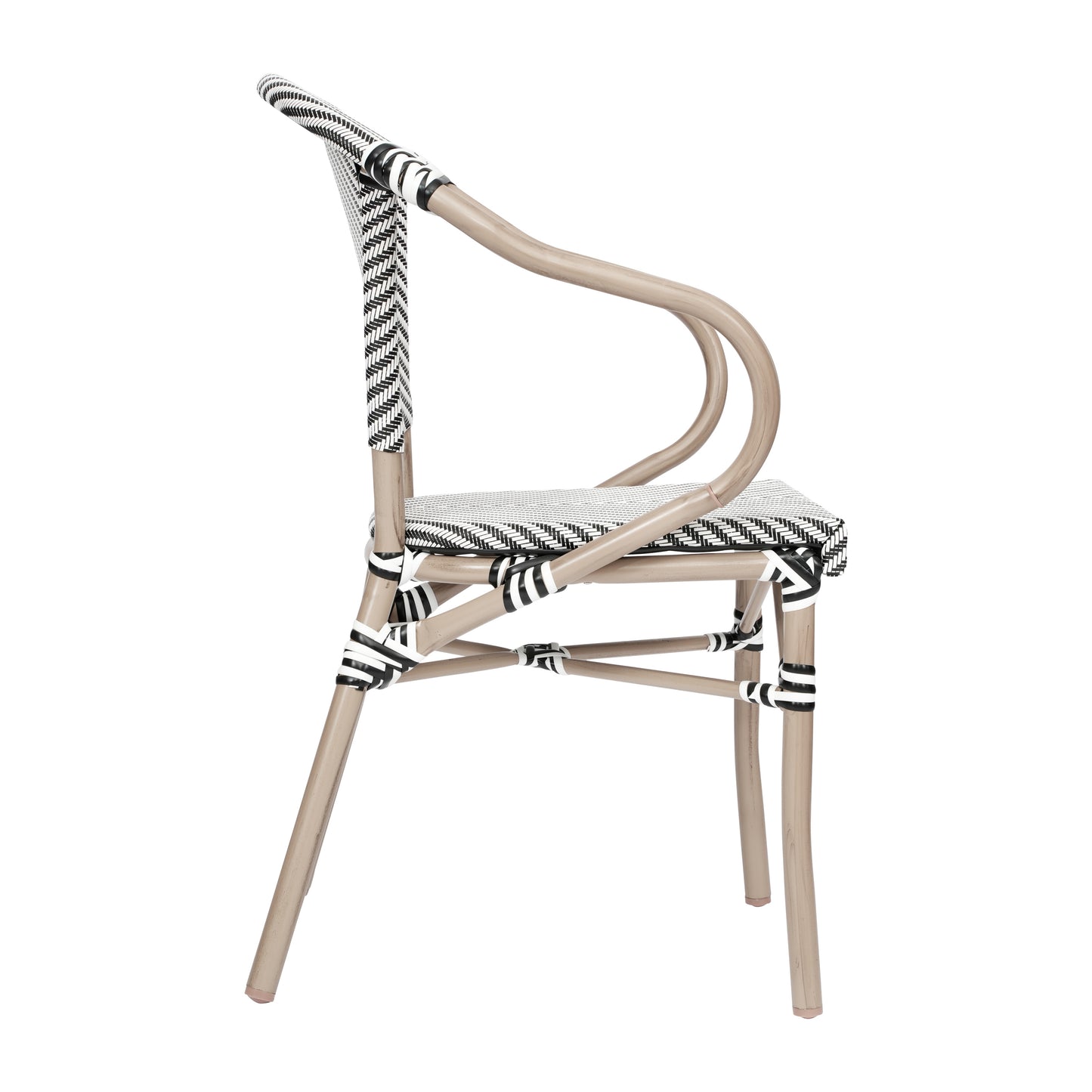 Marseille Indoor/Outdoor Commercial Bistro Stacking Chair with Arms, Black/White Textilene and Bamboo Print Aluminum Frame in LT Natural Black & White/Light Natural Frame