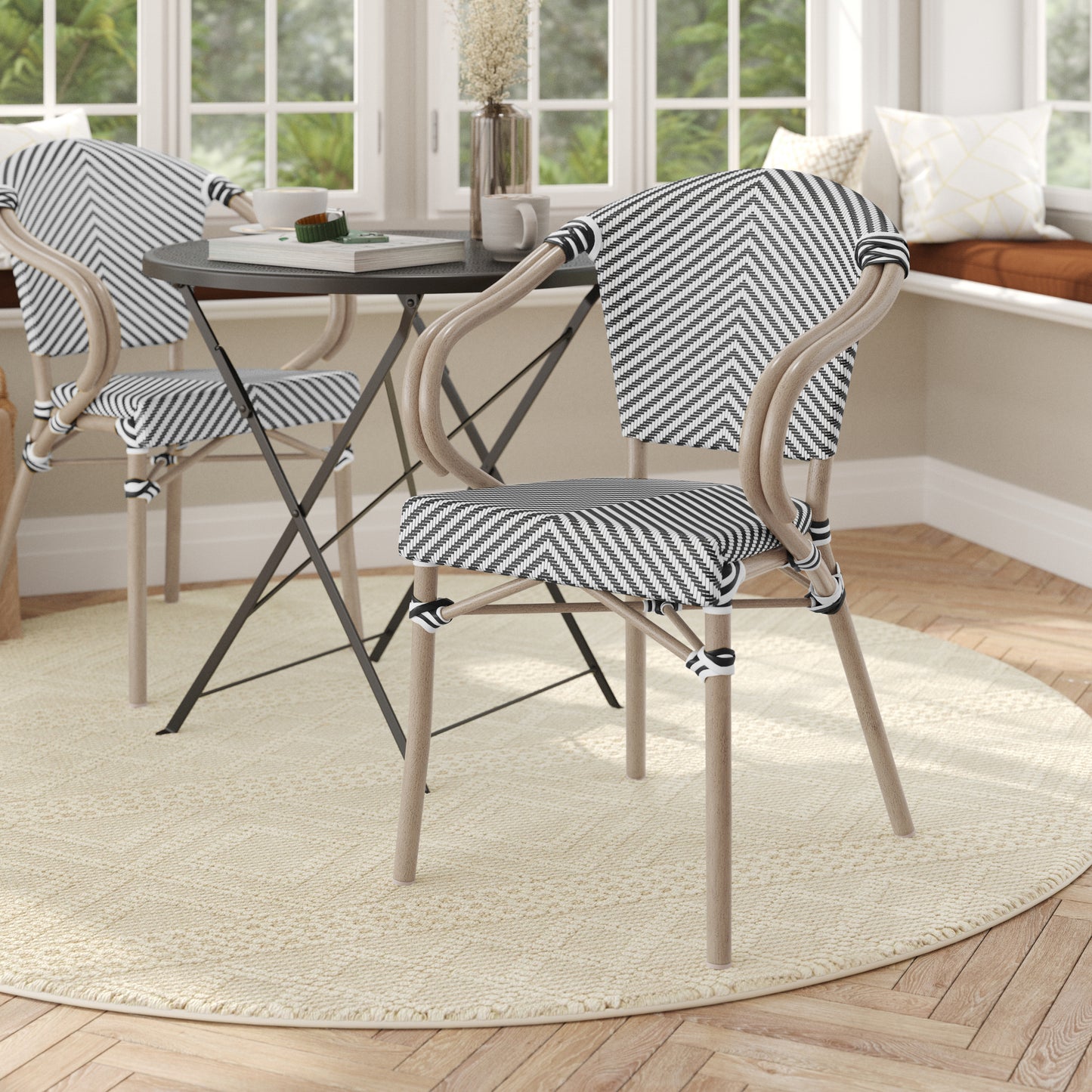 Marseille Indoor/Outdoor Commercial Bistro Stacking Chair with Arms, Black/White Textilene and Bamboo Print Aluminum Frame in LT Natural Black & White/Light Natural Frame