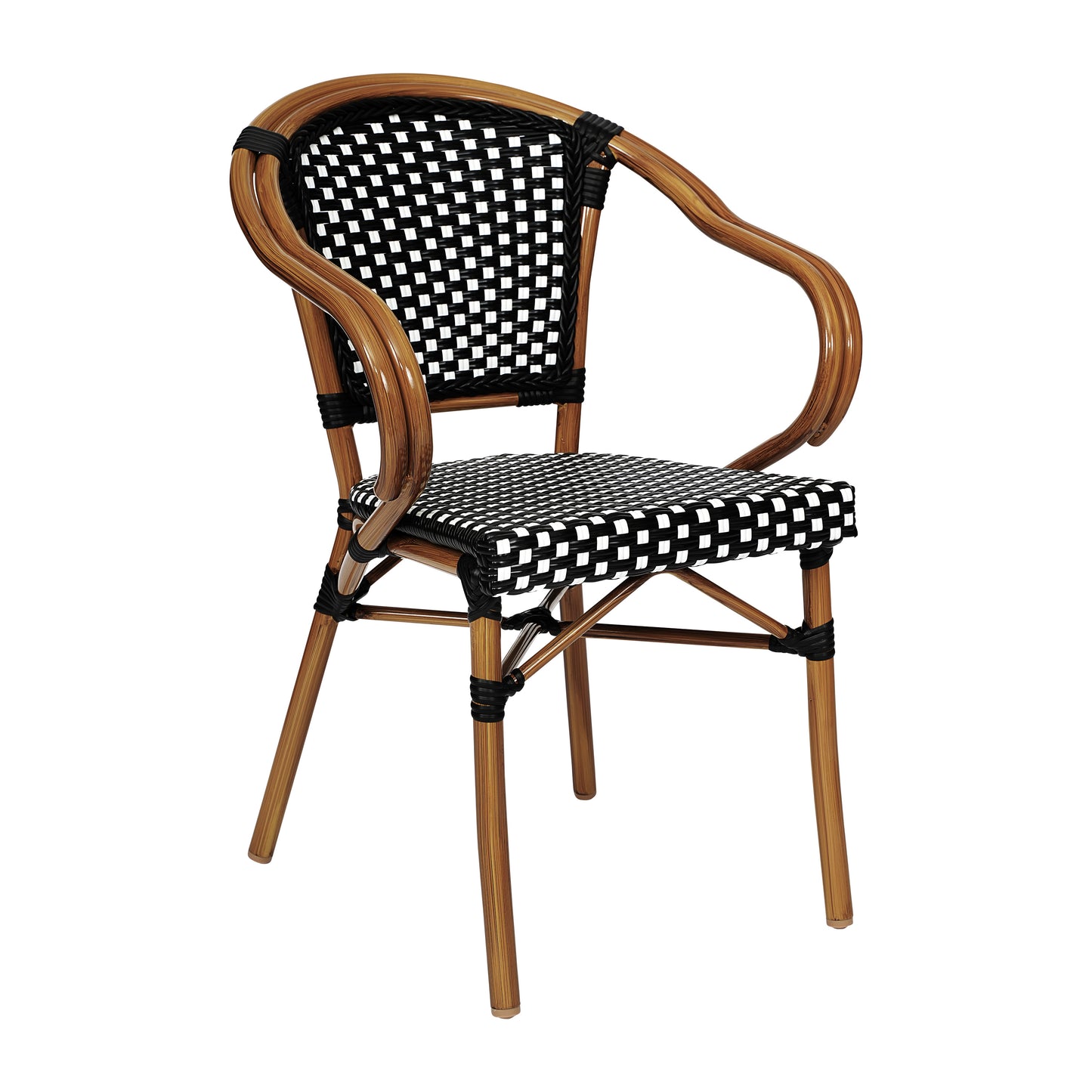 Bordeaux Indoor/Outdoor Commercial Bistro Stacking Chair with Arms, Black and White PE Rattan and Bamboo Print Aluminum Frame in Natural Black & White/Natural Frame