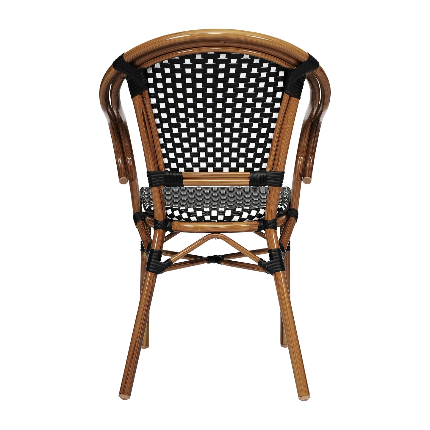 Bordeaux Indoor/Outdoor Commercial Bistro Stacking Chair with Arms, Black and White PE Rattan and Bamboo Print Aluminum Frame in Natural Black & White/Natural Frame