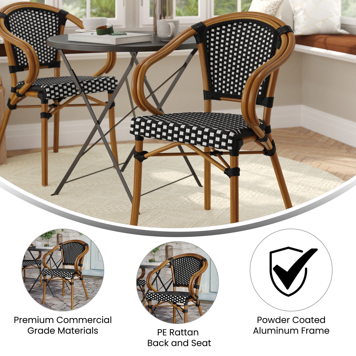Bordeaux Indoor/Outdoor Commercial Bistro Stacking Chair with Arms, Black and White PE Rattan and Bamboo Print Aluminum Frame in Natural Black & White/Natural Frame