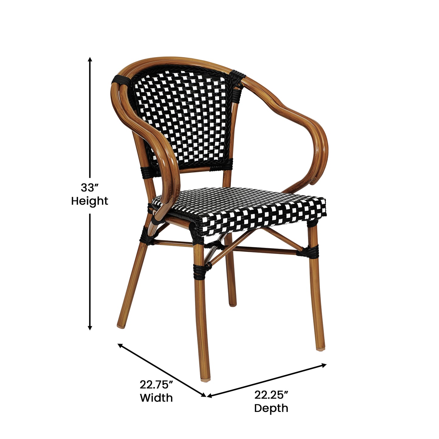Bordeaux Indoor/Outdoor Commercial Bistro Stacking Chair with Arms, Black and White PE Rattan and Bamboo Print Aluminum Frame in Natural Black & White/Natural Frame
