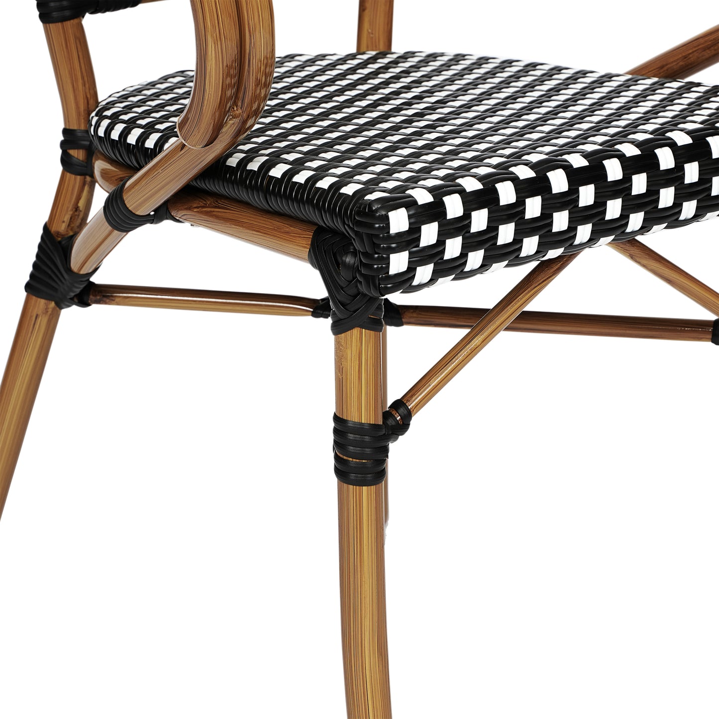 Bordeaux Indoor/Outdoor Commercial Bistro Stacking Chair with Arms, Black and White PE Rattan and Bamboo Print Aluminum Frame in Natural Black & White/Natural Frame