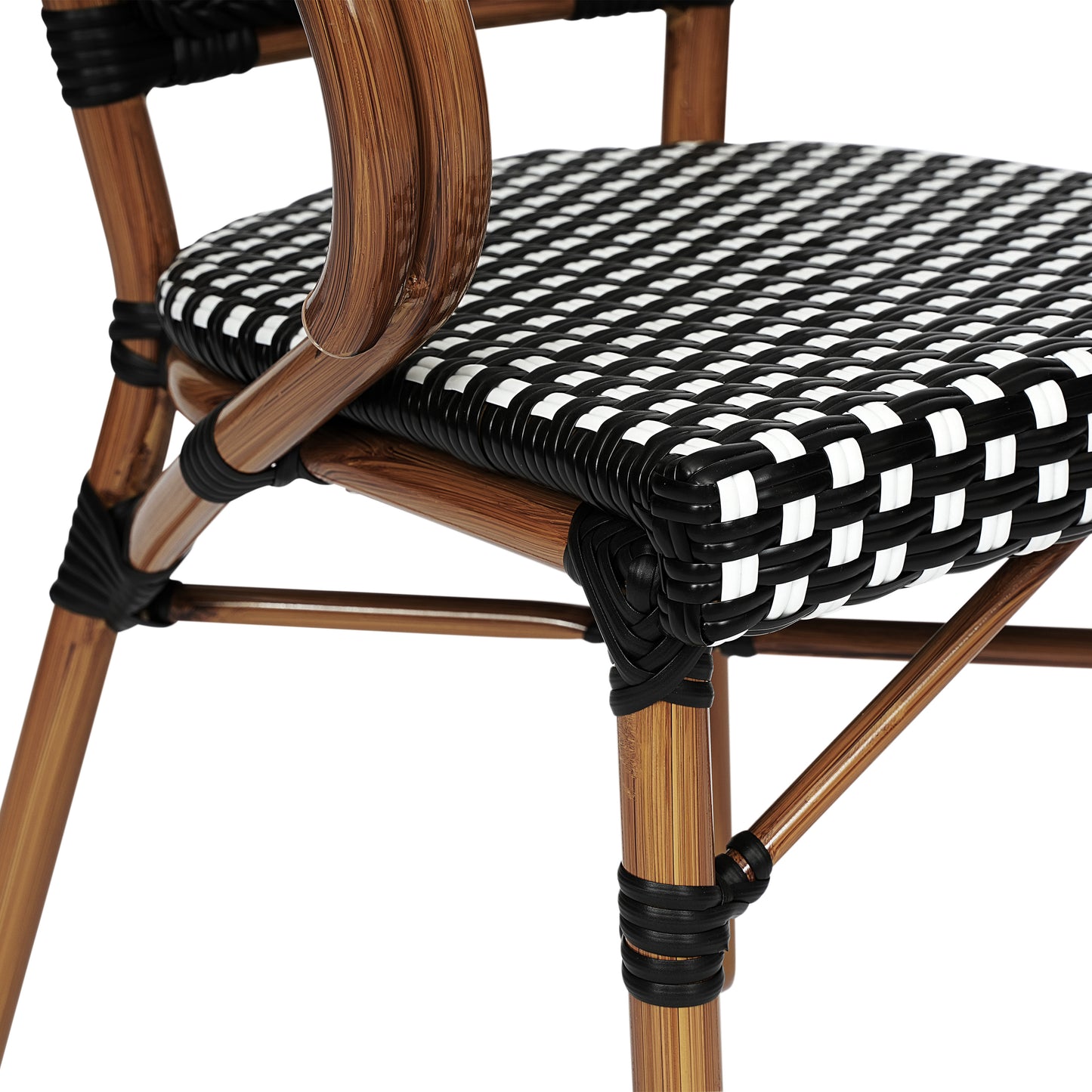 Bordeaux Indoor/Outdoor Commercial Bistro Stacking Chair with Arms, Black and White PE Rattan and Bamboo Print Aluminum Frame in Natural Black & White/Natural Frame