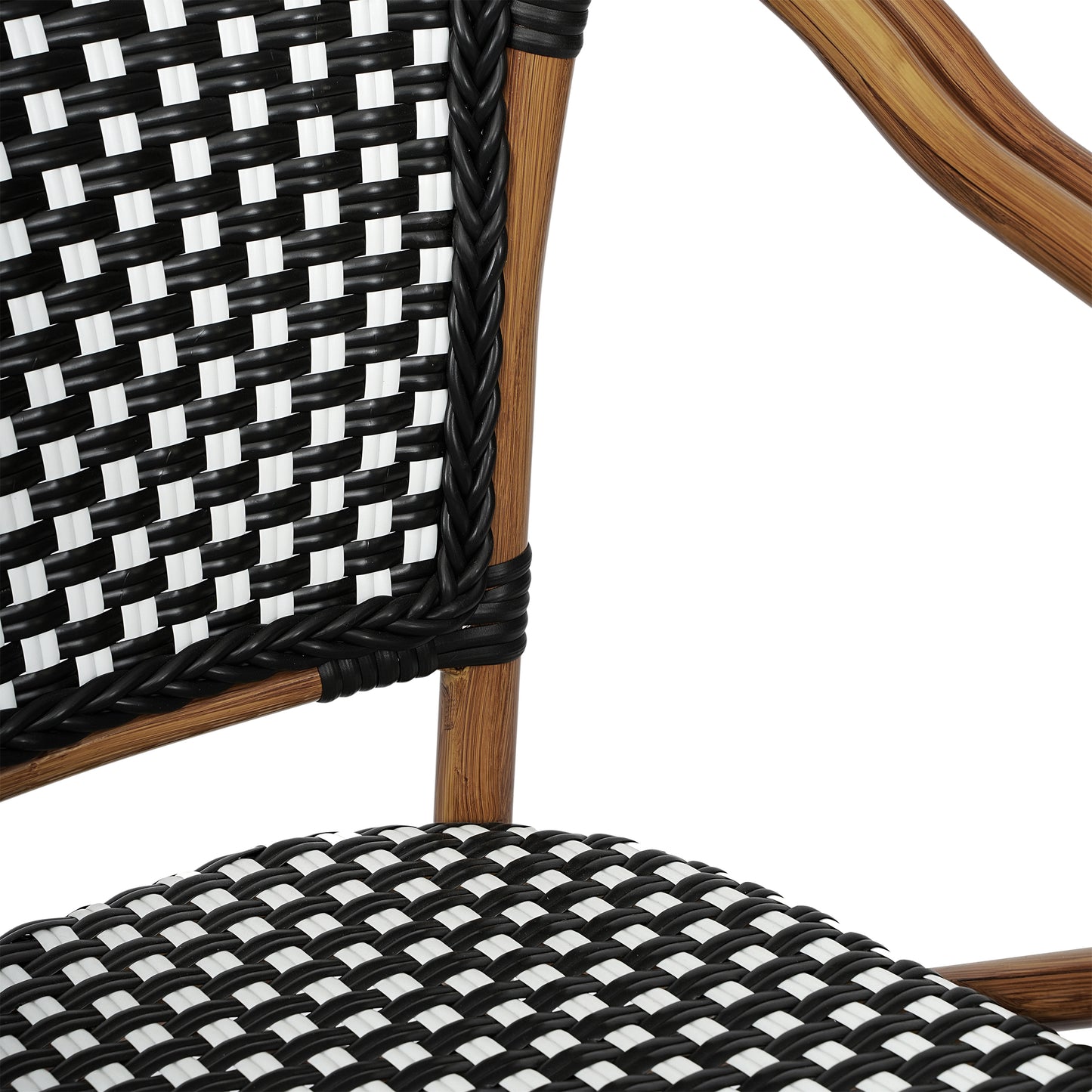 Bordeaux Indoor/Outdoor Commercial Bistro Stacking Chair with Arms, Black and White PE Rattan and Bamboo Print Aluminum Frame in Natural Black & White/Natural Frame
