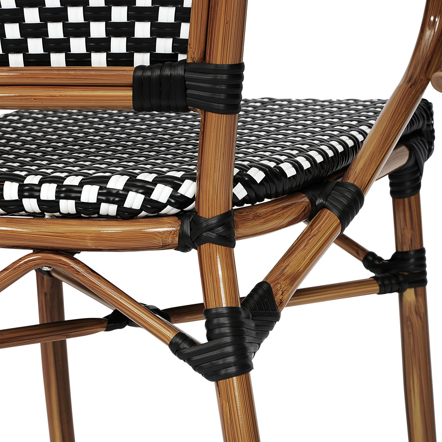 Bordeaux Indoor/Outdoor Commercial Bistro Stacking Chair with Arms, Black and White PE Rattan and Bamboo Print Aluminum Frame in Natural Black & White/Natural Frame
