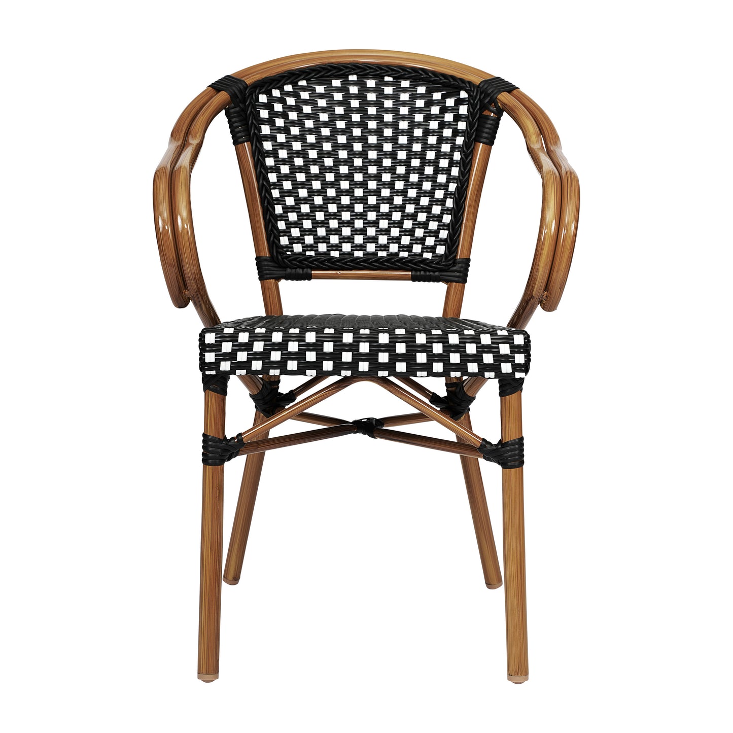 Bordeaux Indoor/Outdoor Commercial Bistro Stacking Chair with Arms, Black and White PE Rattan and Bamboo Print Aluminum Frame in Natural Black & White/Natural Frame
