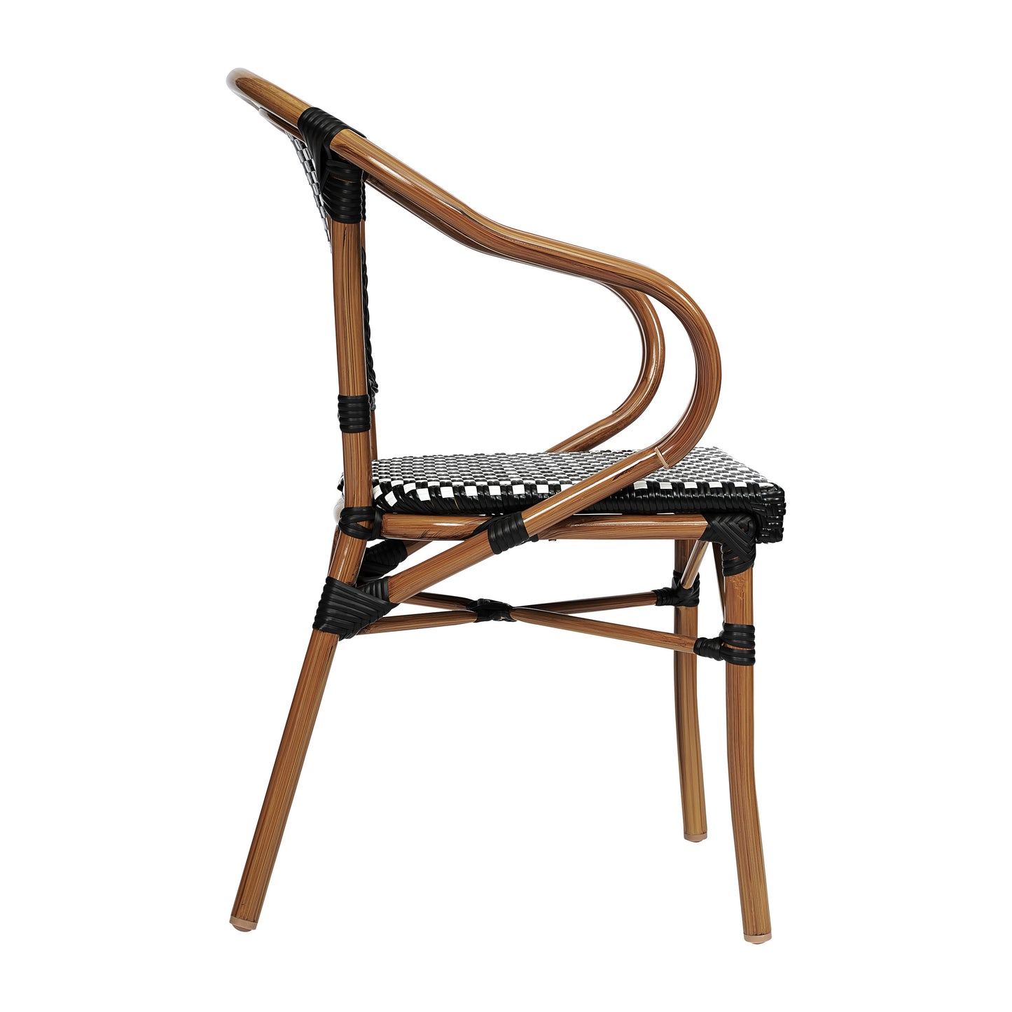 Bordeaux Indoor/Outdoor Commercial Bistro Stacking Chair with Arms, Black and White PE Rattan and Bamboo Print Aluminum Frame in Natural Black & White/Natural Frame