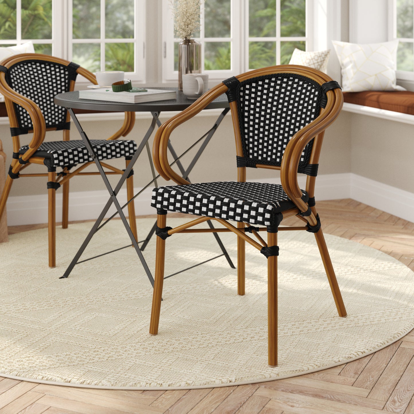 Bordeaux Indoor/Outdoor Commercial Bistro Stacking Chair with Arms, Black and White PE Rattan and Bamboo Print Aluminum Frame in Natural Black & White/Natural Frame