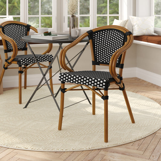 Bordeaux Indoor/Outdoor Commercial Bistro Stacking Chair with Arms, Black and White PE Rattan and Bamboo Print Aluminum Frame in Natural Black & White/Natural Frame