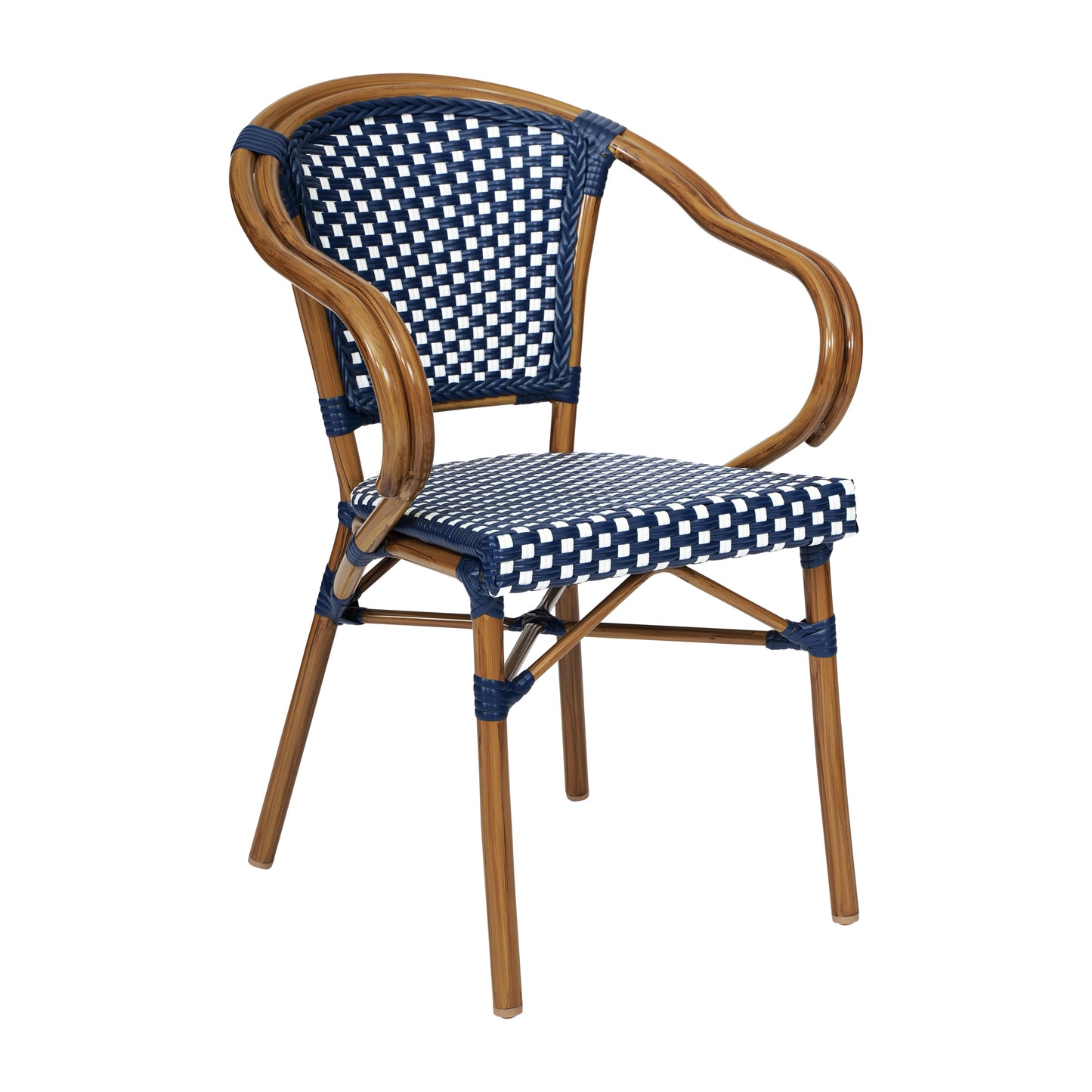 Bordeaux Indoor/Outdoor Commercial Bistro Stacking Chair with Arms, Navy and White PE Rattan and Bamboo Print Aluminum Frame in Natural Navy & White/Natural Frame