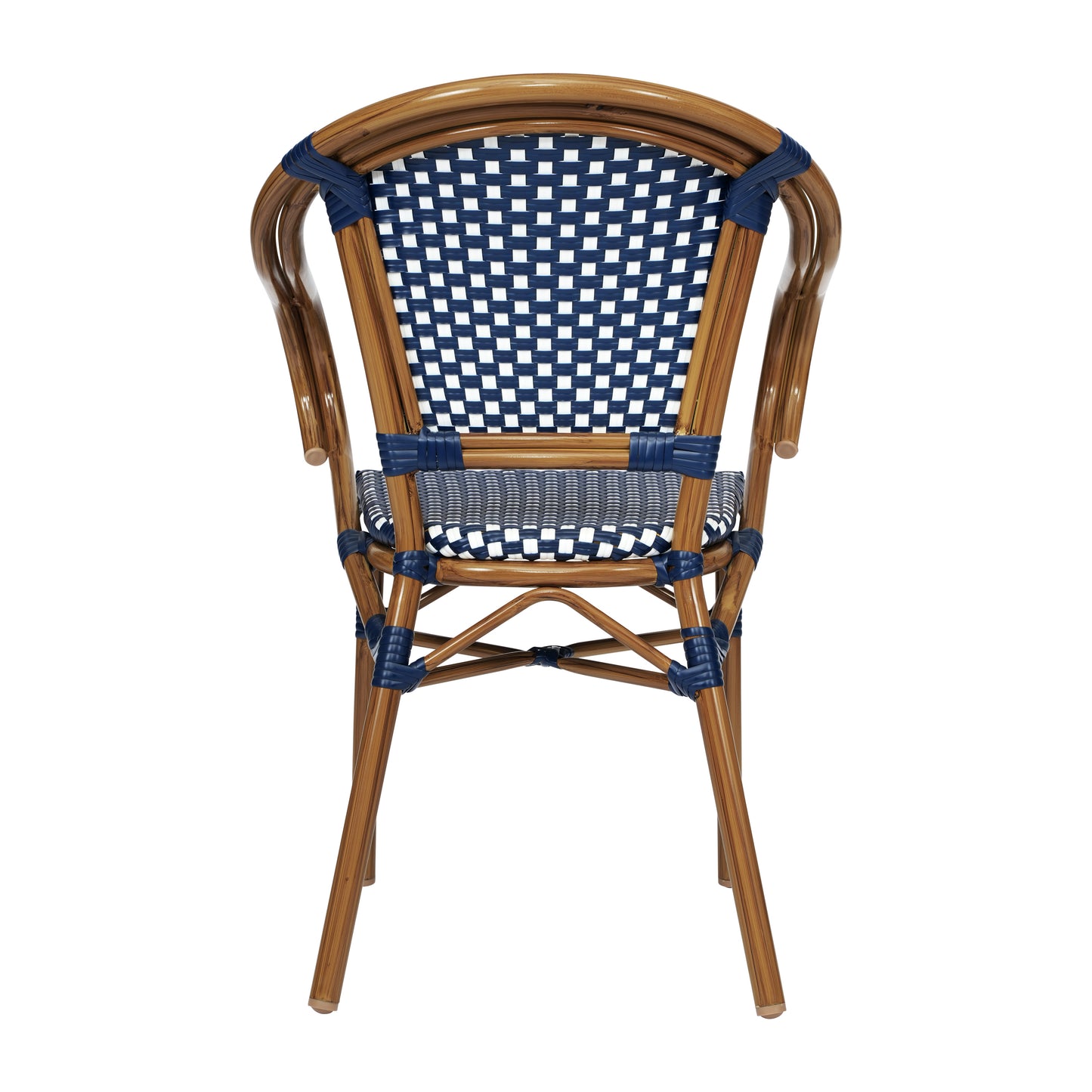 Bordeaux Indoor/Outdoor Commercial Bistro Stacking Chair with Arms, Navy and White PE Rattan and Bamboo Print Aluminum Frame in Natural Navy & White/Natural Frame