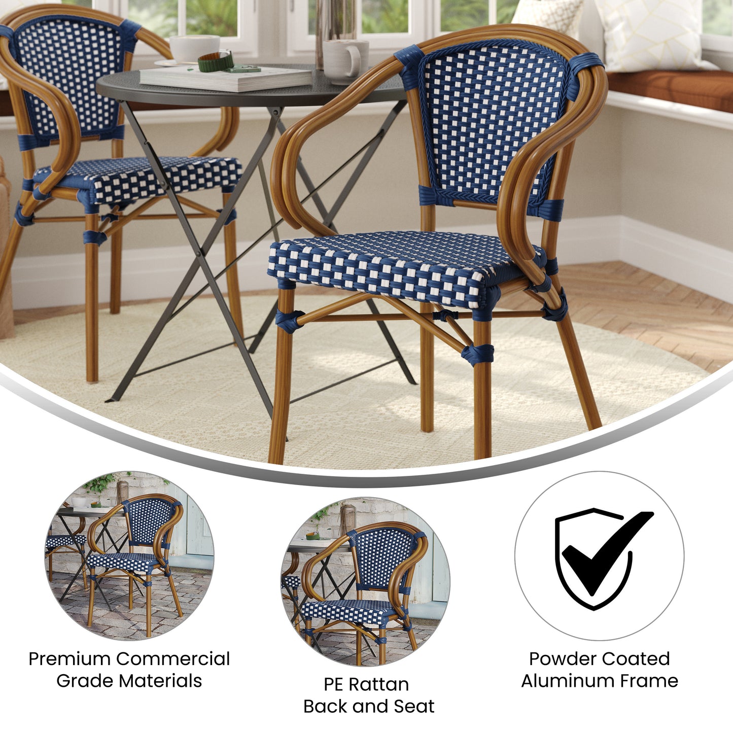 Bordeaux Indoor/Outdoor Commercial Bistro Stacking Chair with Arms, Navy and White PE Rattan and Bamboo Print Aluminum Frame in Natural Navy & White/Natural Frame