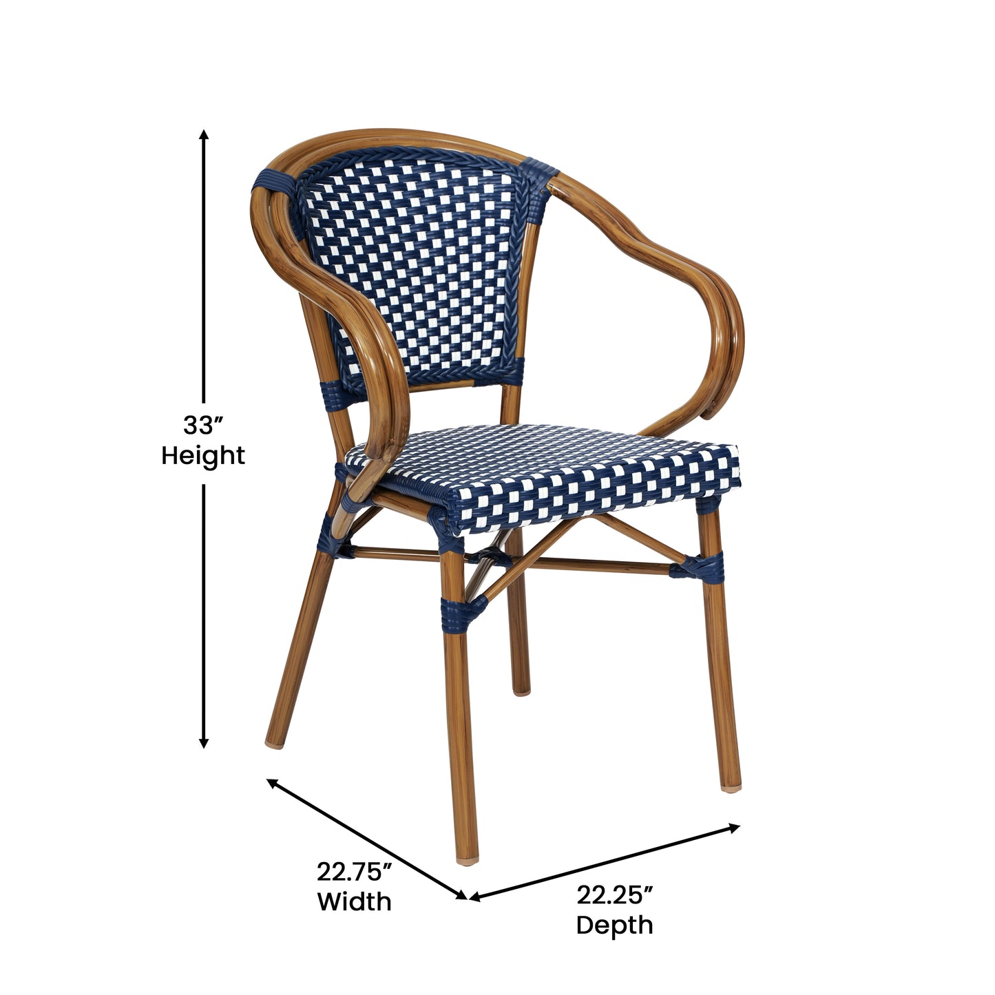 Bordeaux Indoor/Outdoor Commercial Bistro Stacking Chair with Arms, Navy and White PE Rattan and Bamboo Print Aluminum Frame in Natural Navy & White/Natural Frame