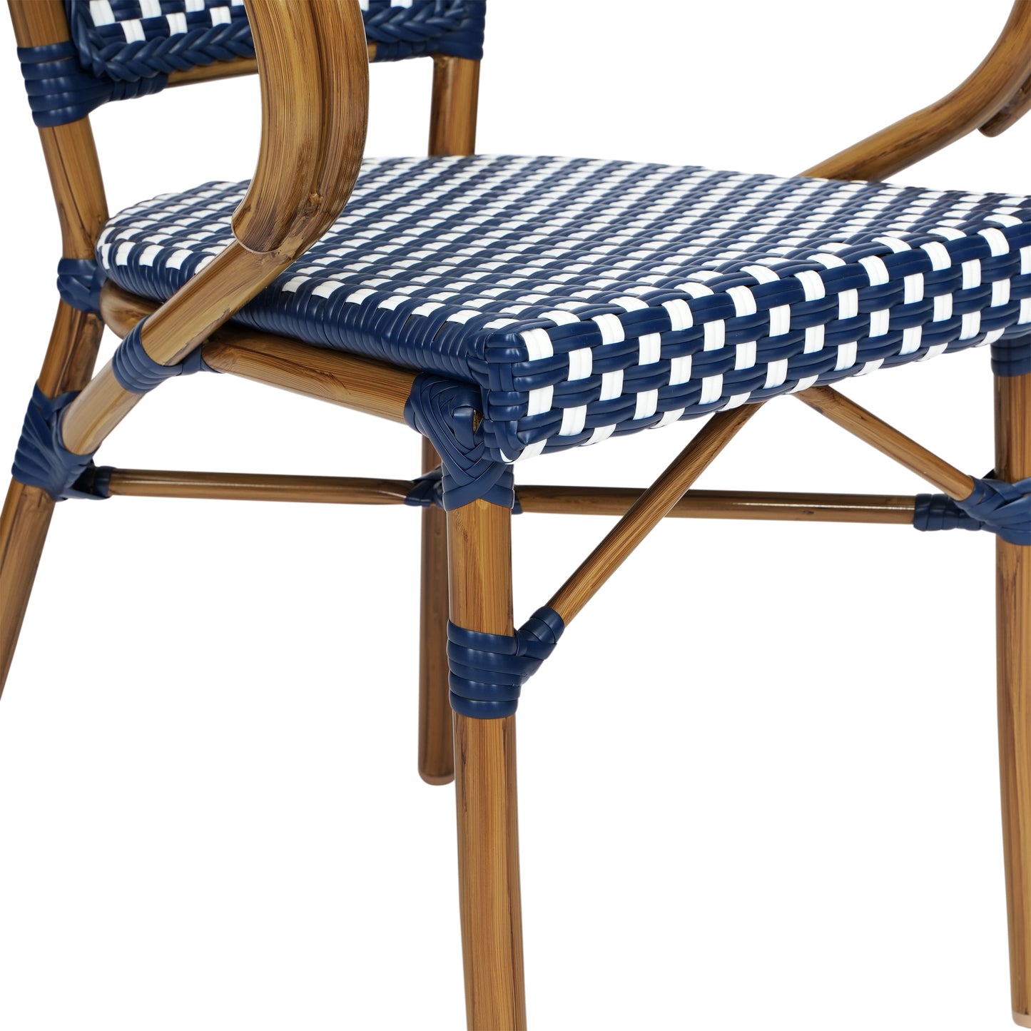 Bordeaux Indoor/Outdoor Commercial Bistro Stacking Chair with Arms, Navy and White PE Rattan and Bamboo Print Aluminum Frame in Natural Navy & White/Natural Frame