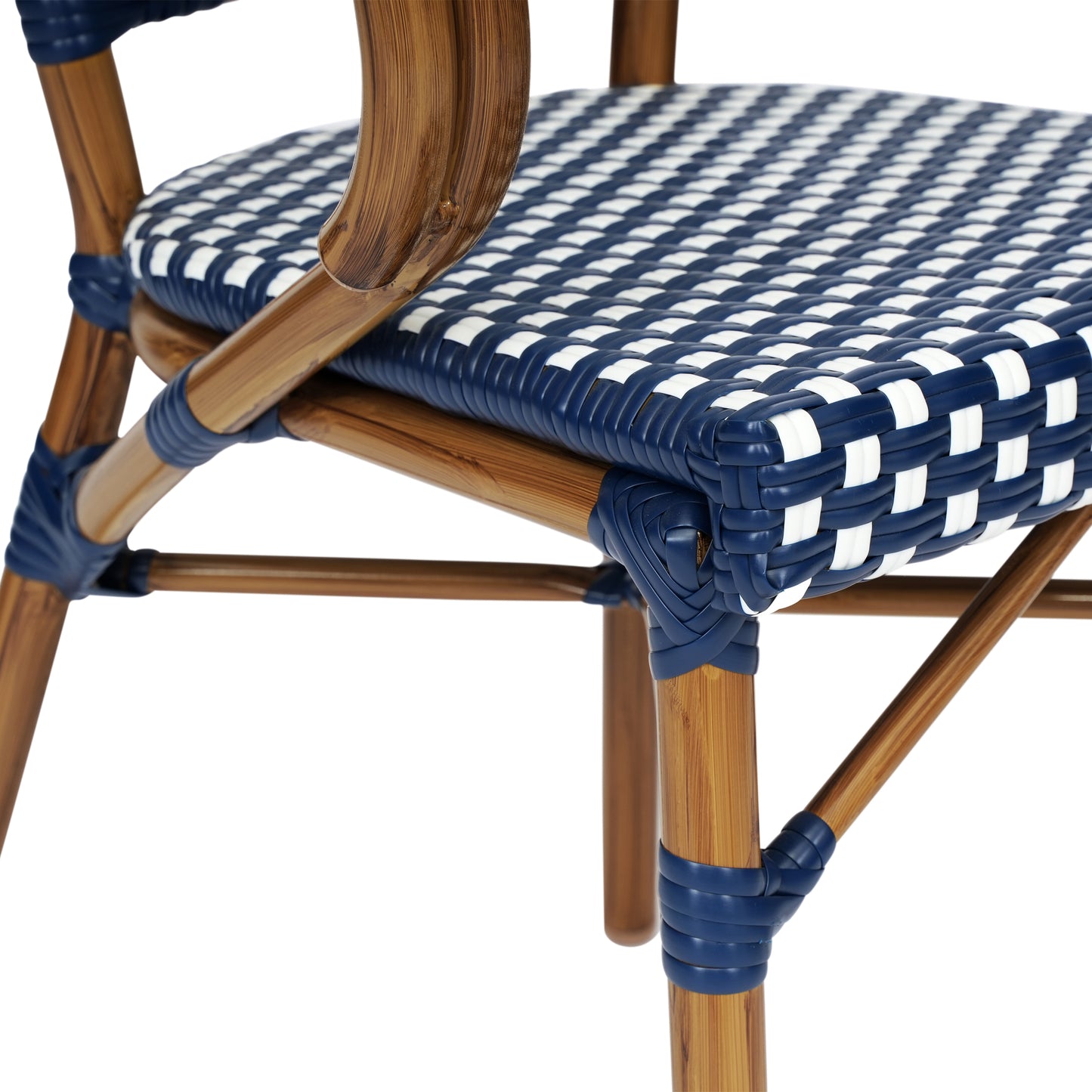 Bordeaux Indoor/Outdoor Commercial Bistro Stacking Chair with Arms, Navy and White PE Rattan and Bamboo Print Aluminum Frame in Natural Navy & White/Natural Frame