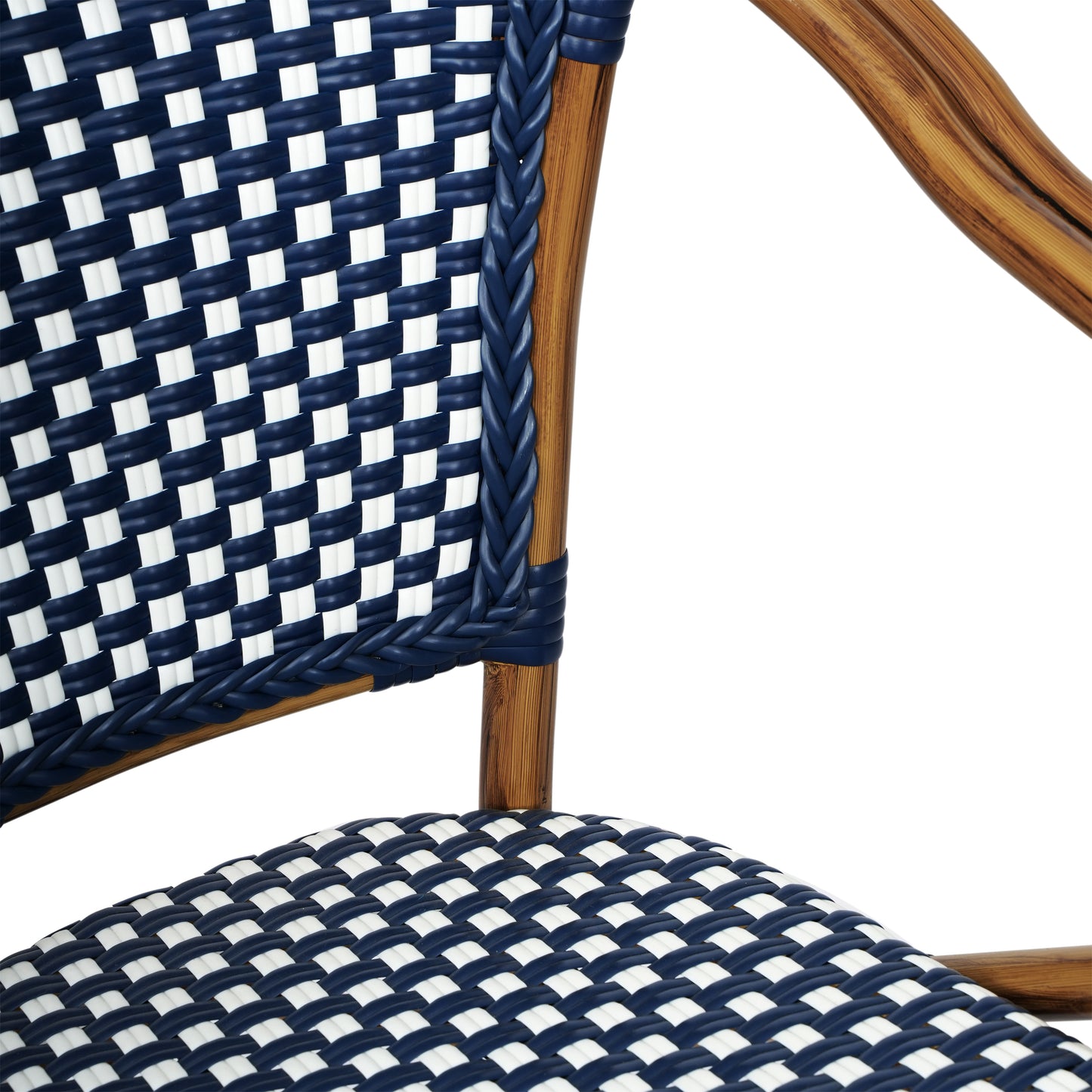 Bordeaux Indoor/Outdoor Commercial Bistro Stacking Chair with Arms, Navy and White PE Rattan and Bamboo Print Aluminum Frame in Natural Navy & White/Natural Frame