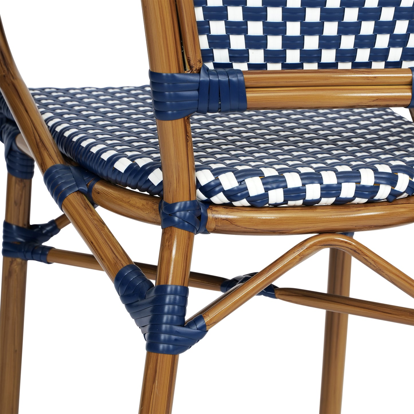 Bordeaux Indoor/Outdoor Commercial Bistro Stacking Chair with Arms, Navy and White PE Rattan and Bamboo Print Aluminum Frame in Natural Navy & White/Natural Frame